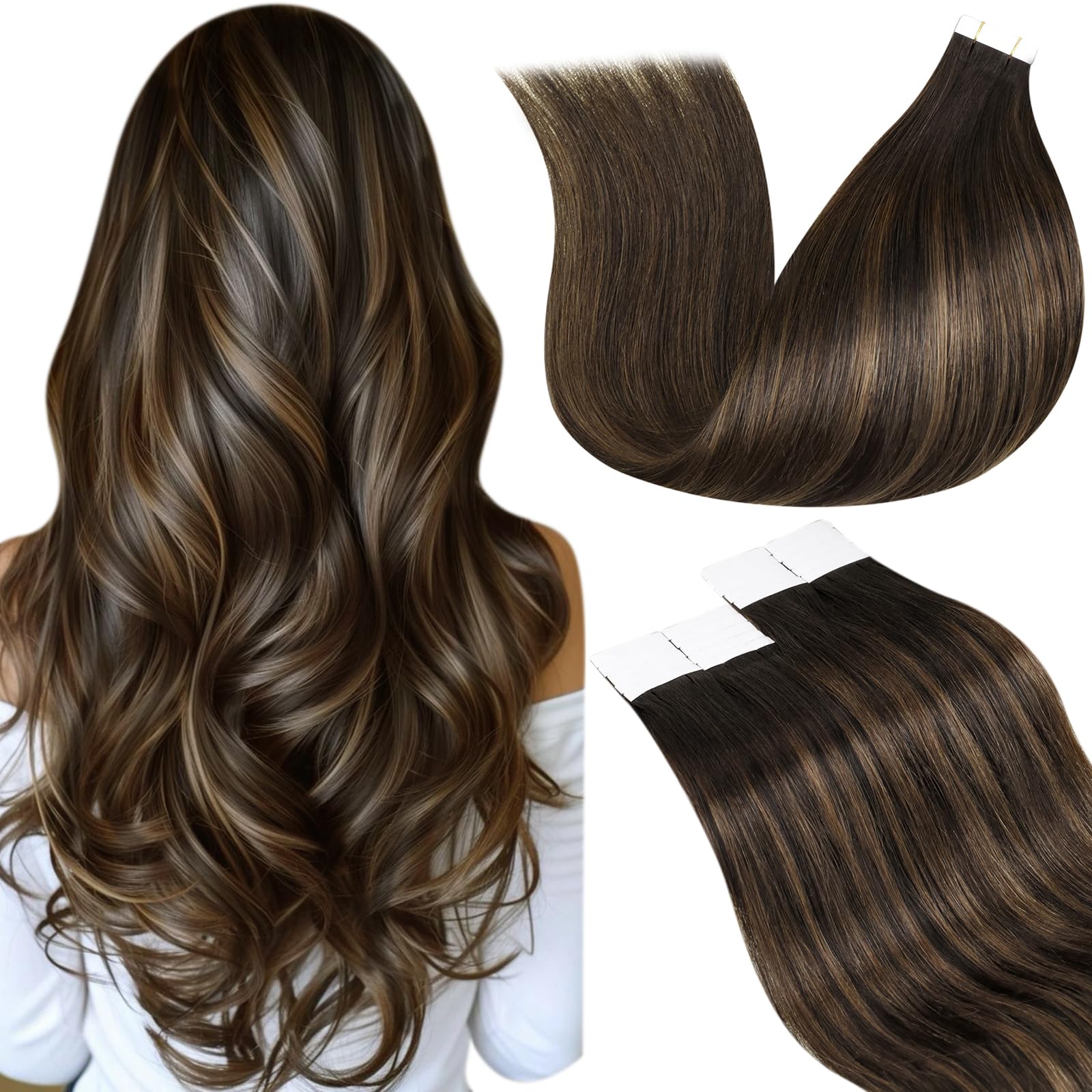 LaaVoo Tape in Hair Extensions Human Hair Dark Brown Tape Hair Extensions Real Human Hair 22 Inch Invisible Tapes Remy Straight Balayage Darkest Brown to Brown Hair Double Sided Tabs 20pcs 50g #2/8/2