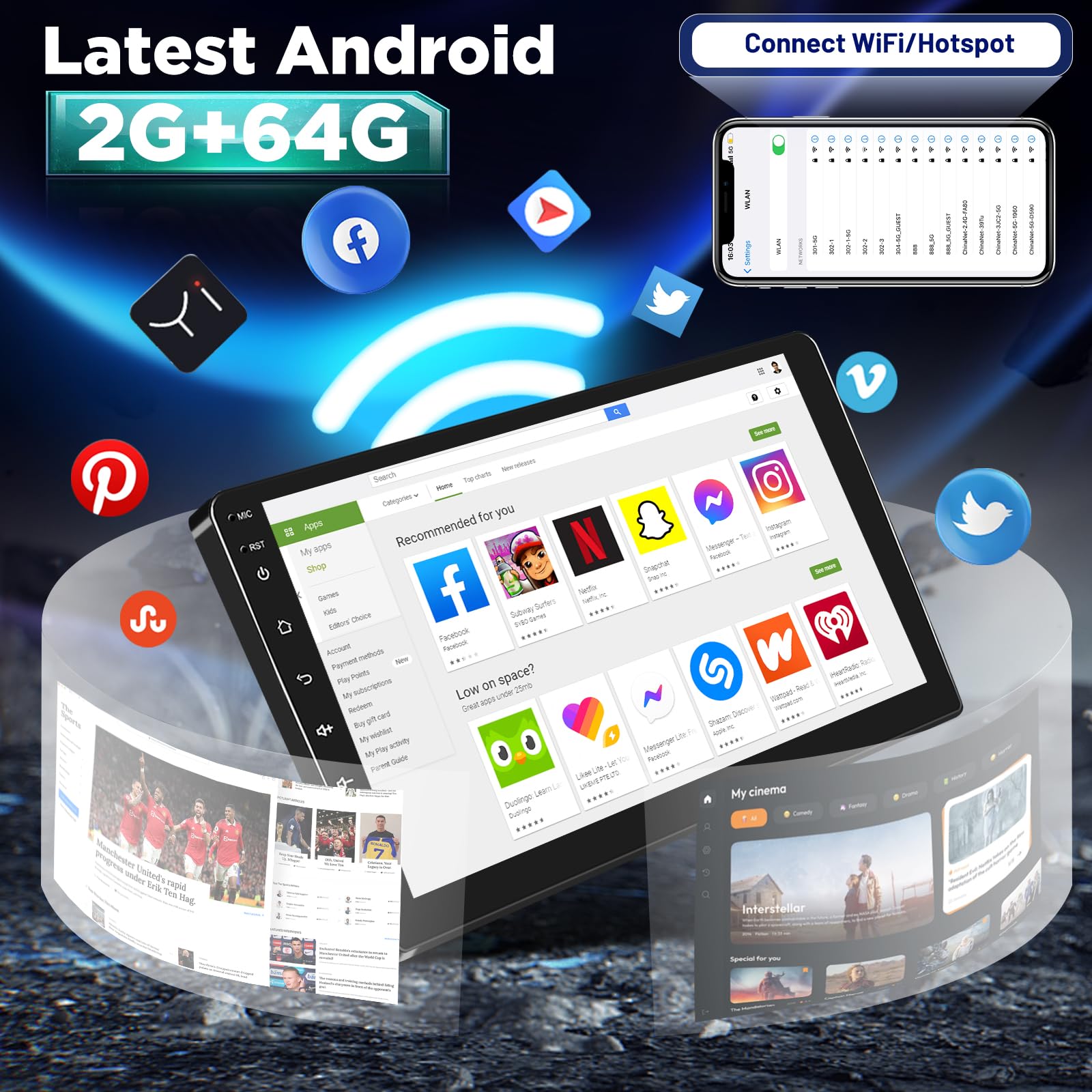 Autoradio pour Peugeot 3008 2009-2015, [2G+64G] Android 9 Pouces Touch Screen Radio with Wireless Carplay and Android Auto/Bluetooth/WiFi/Bluetooth/EQ/FM RDS Radio