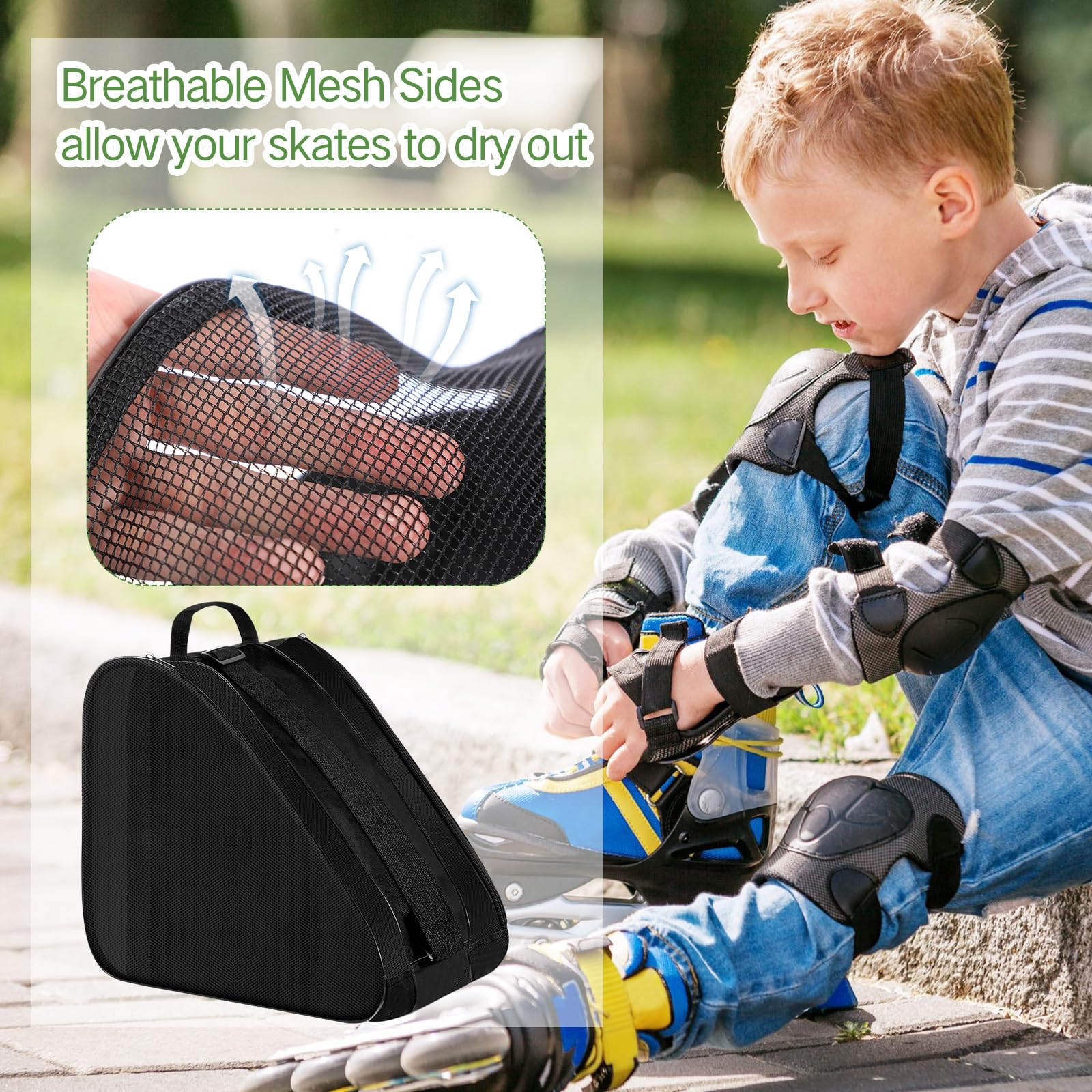 CHENGU Lot de 2 sacs de patins à roulettes respirants de grande capacité avec bandoulière réglable - Accessoires de patinage artistique pour garçons et filles - Noir