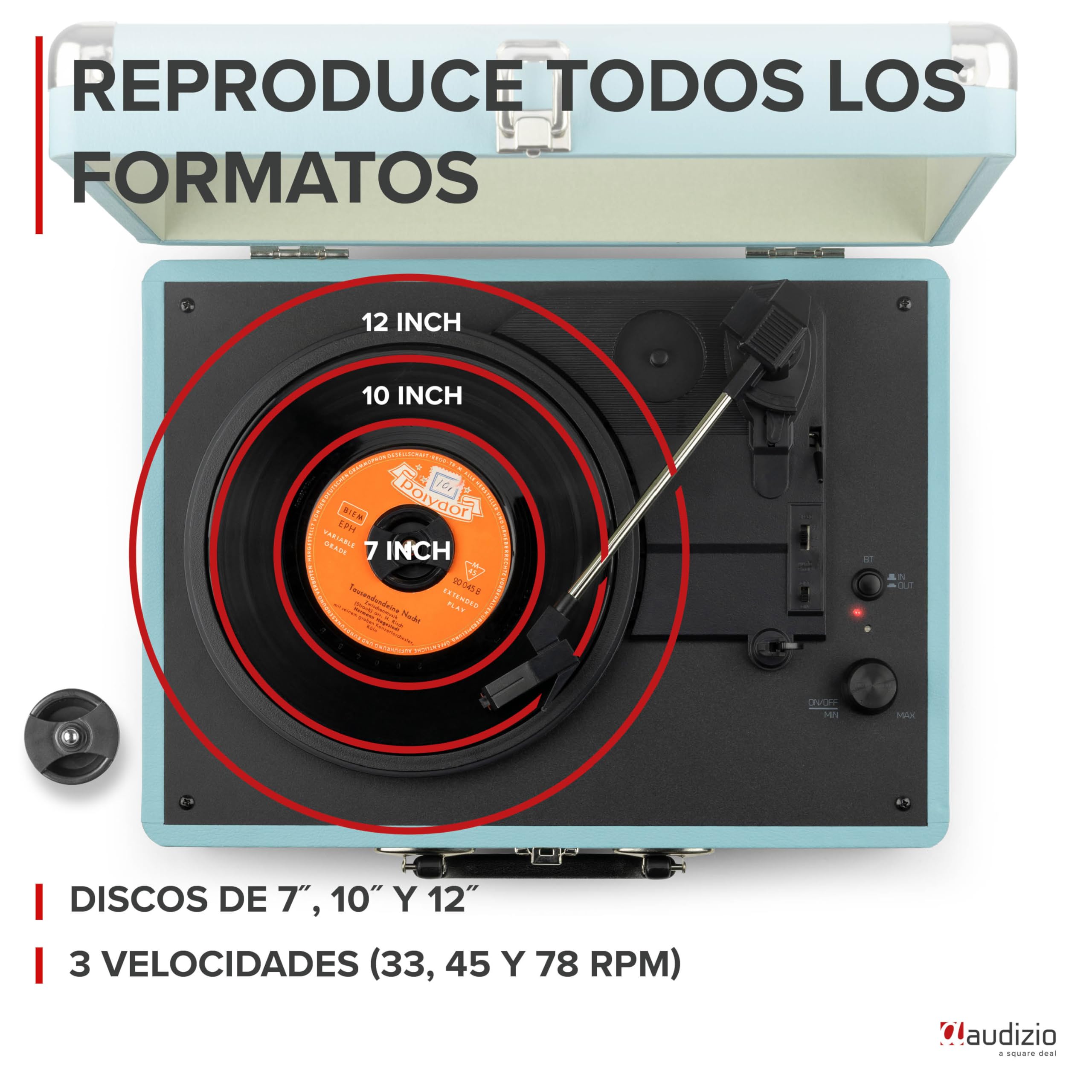 Audizio RP116B Tocadiscos con Altavoz, Funciona con Bluetooth 5.0, digitalización con USB, AUX, Parada automática, Tocadiscos de Vinilo de 3 velocidades y transmisión por Correa de 33/45/78 - Azul