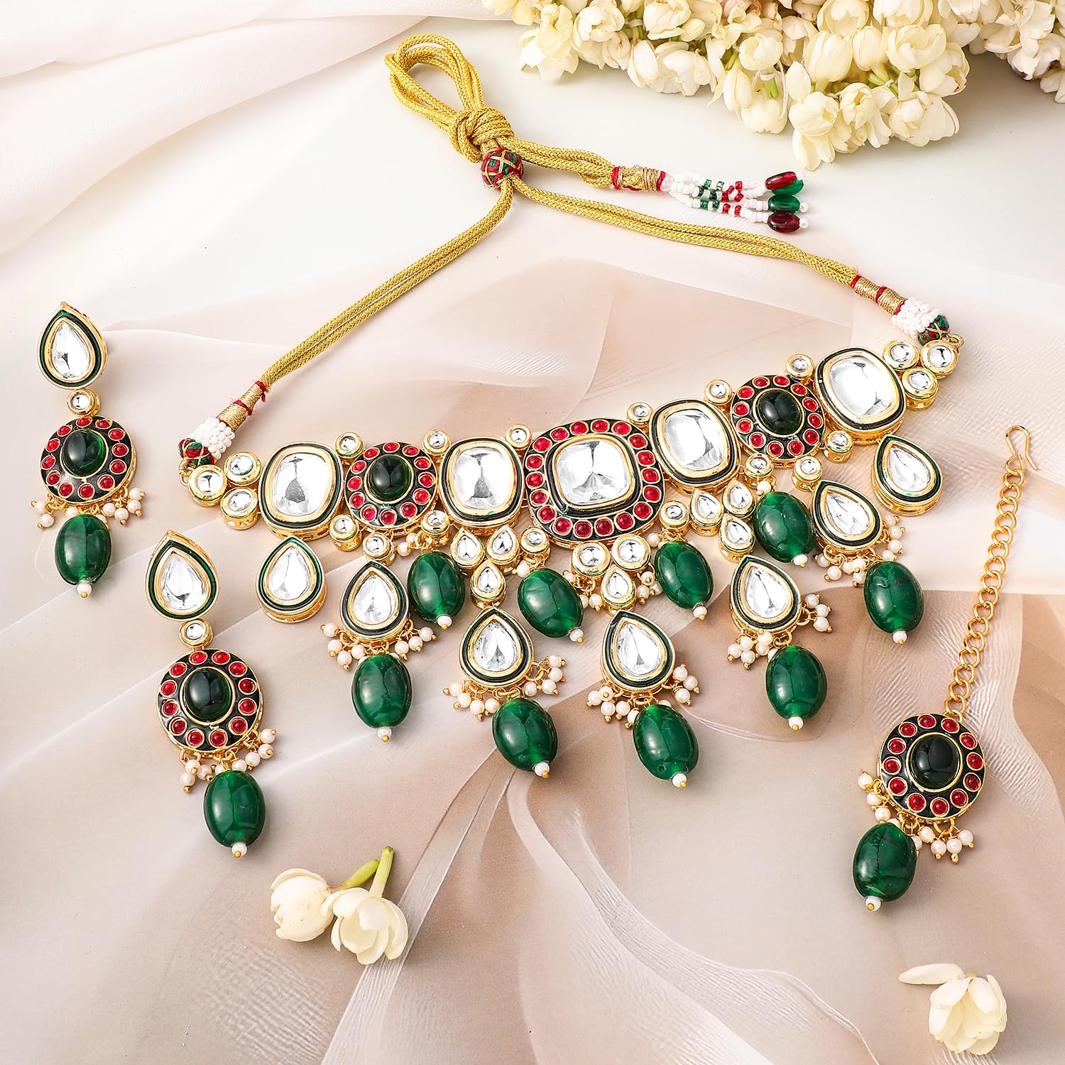 Rubans Juego de collar Maangtikka chapado en oro Kundan y perlas, regalo para mujeres y niñas