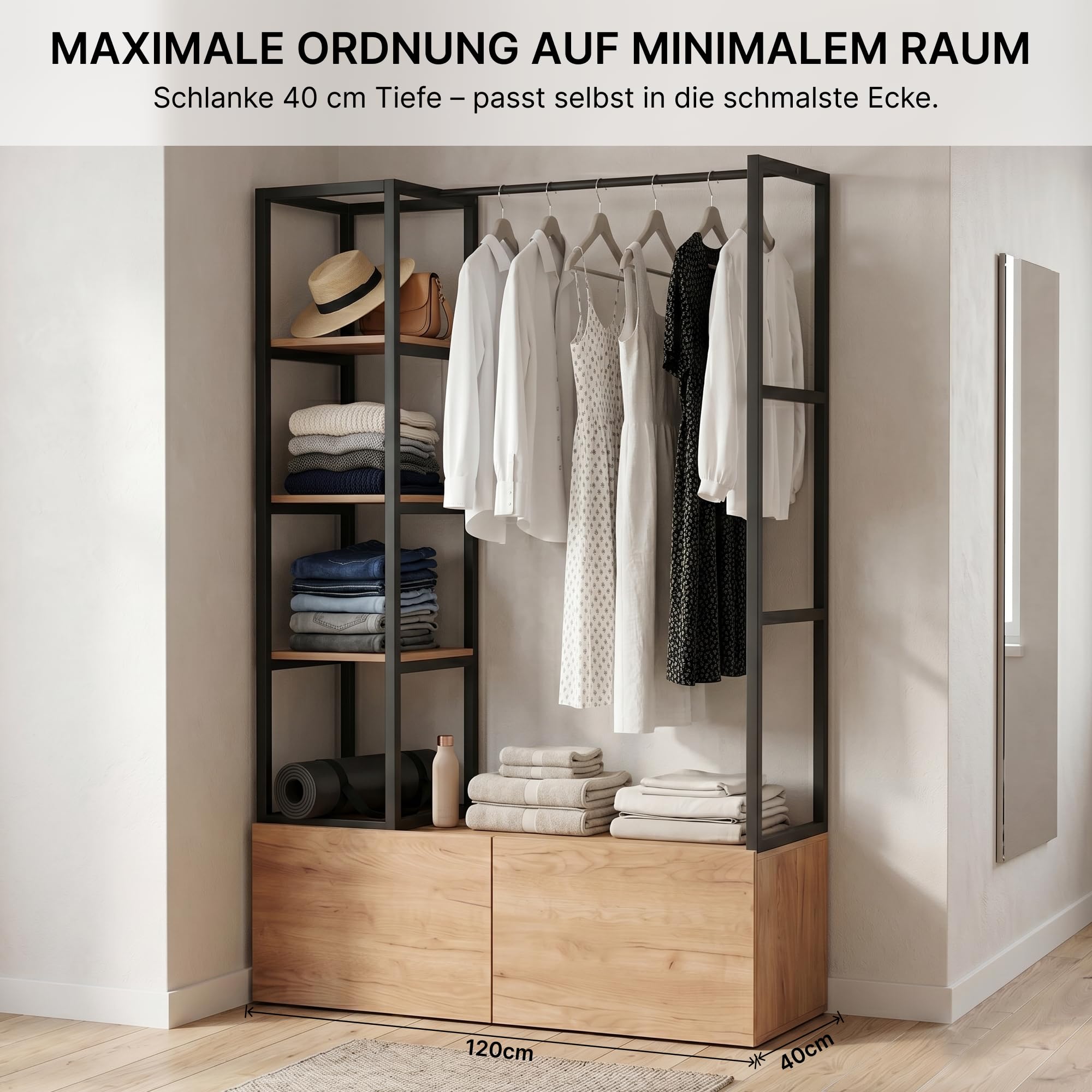 Offener Kleiderschrank System 120x180cm – Schmaler Kleiderständer 40cm Tiefe mit 2 großen Schubladen, Stabiler Garderobenständer Metall & MDF in Holz-Optik, Schwarz/Natur