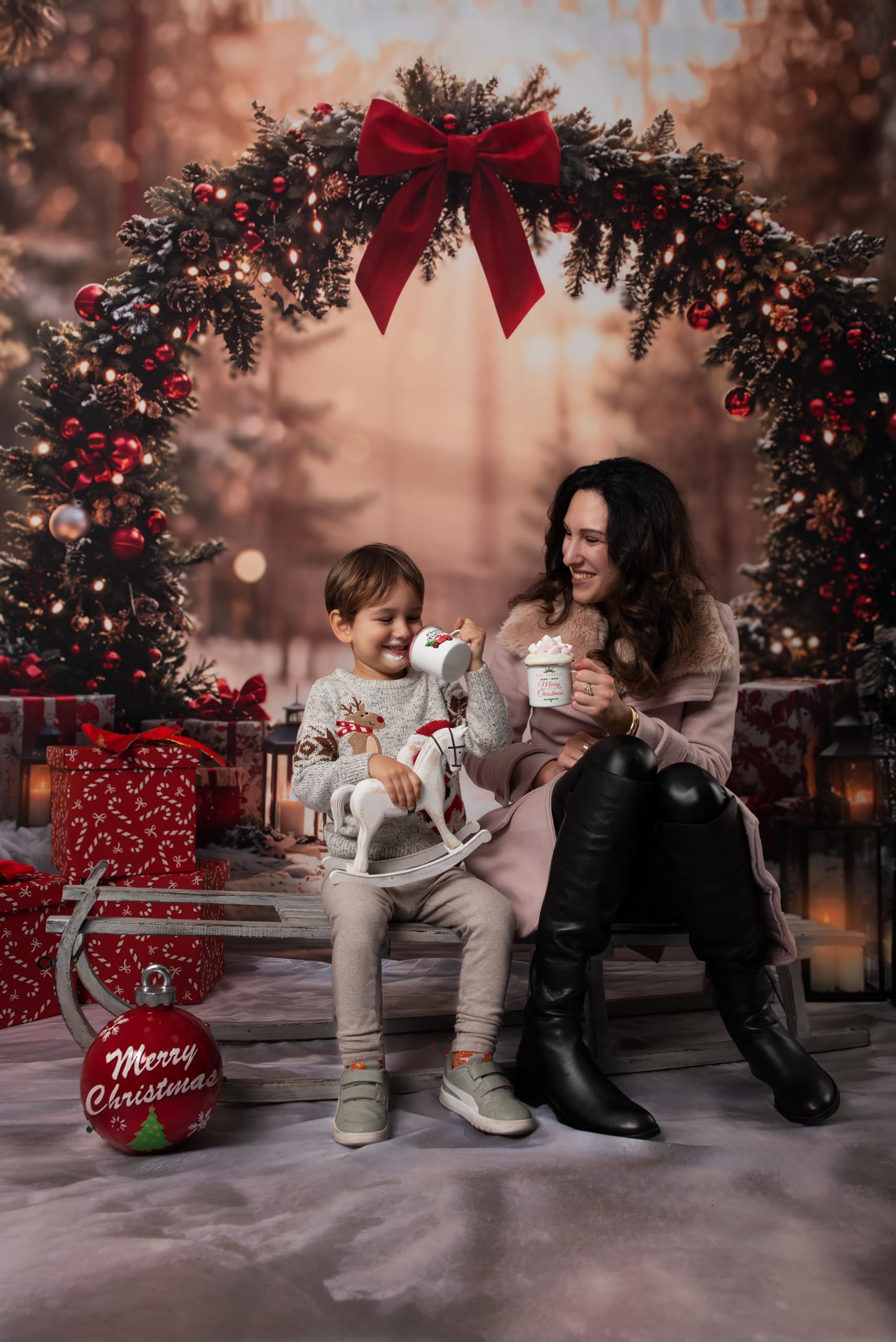 Fondali fotografici natalizi Kate 3x2.5m/10x8piedi Inverno Arco natalizio Arco Foresta Illuminata dal sole Sfondo regali Compleanno per bambini Ritratto di famiglia Sfondo fotografico