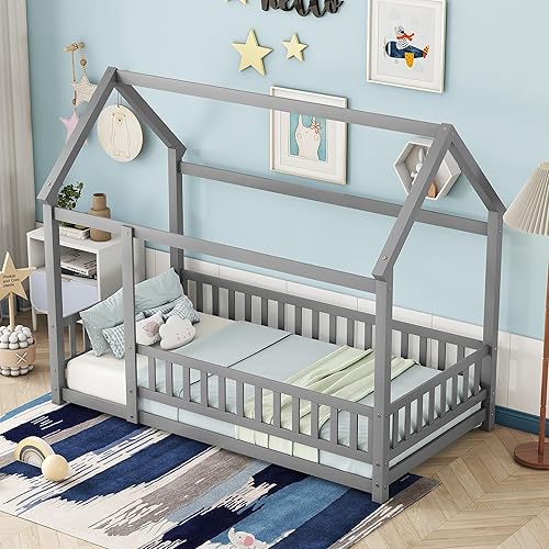 Miniatura 4 de Bellemave Cama Montessori de madera con valla y techo para niños, marco de cama individual para niños, niñas (individual, blanco)