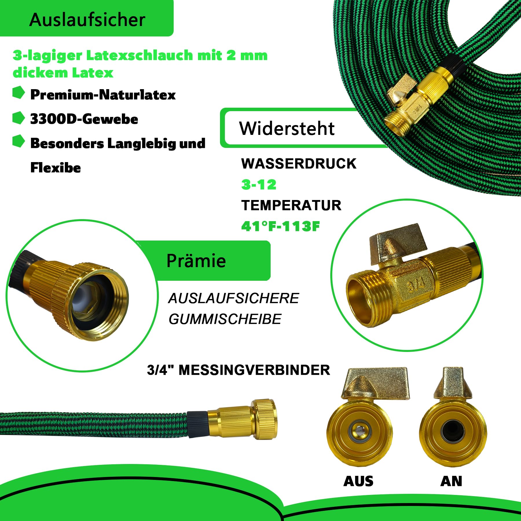 Bergmann® Tubo da giardino flessibile di alta qualità, tubo flessibile con 10 funzioni, tubo flessibile con supporto da parete 3/4 1/2", attacco a 3 canali in lattice (verde, 22 m)
