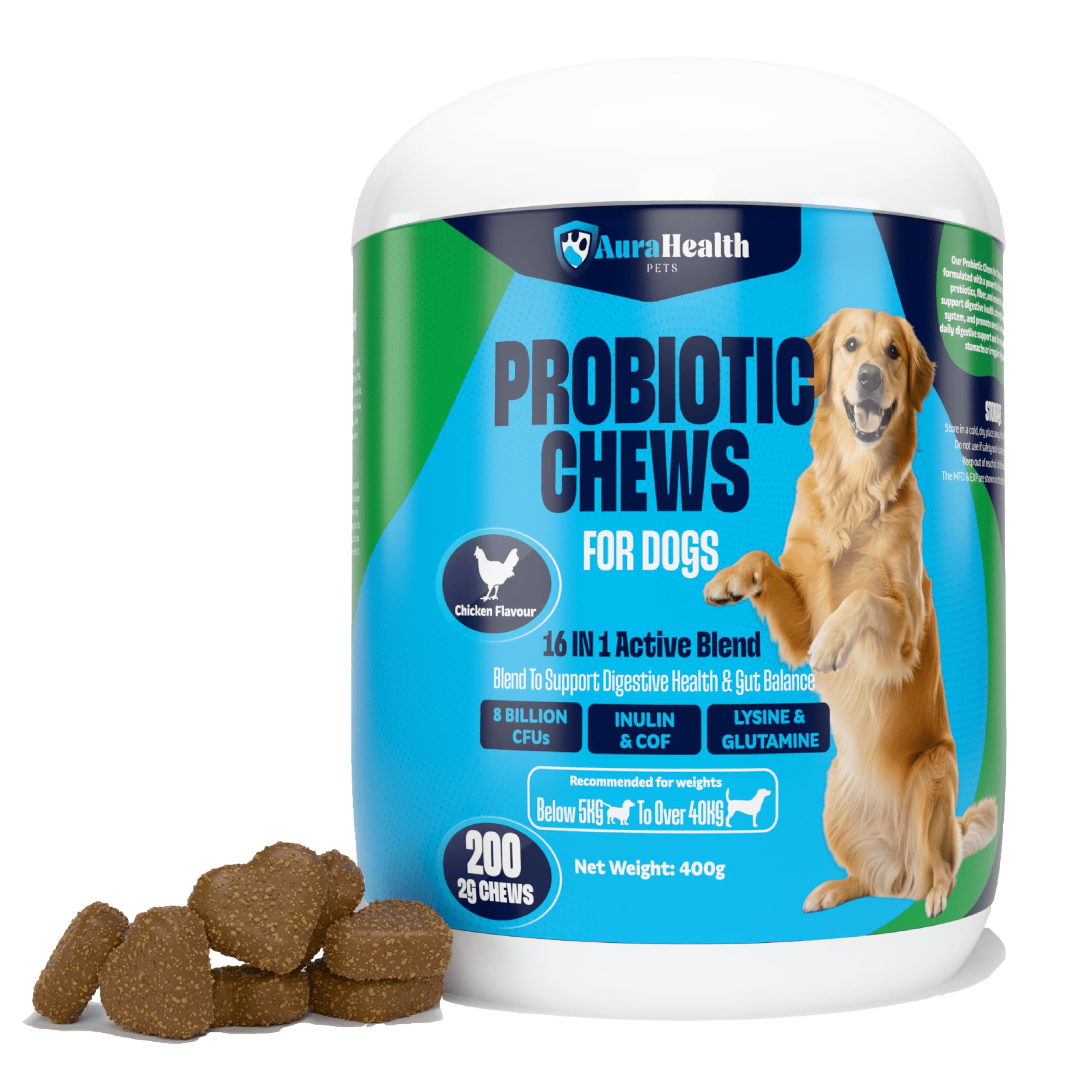 AuraHealth Probiotic 200 Chews up to 4-month supply for Small to Madium Dogs 16-in-1 Support Gut Health, Diarrhea & Allergies