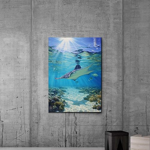 Miniatura 4 de Nautical Print on Canvas for Wall Decor, Ocean Fish Manta Ray Canvas Wall Art, Beach Print for Wall Hang, Turquoise Coastal Pictures Wall Decor,