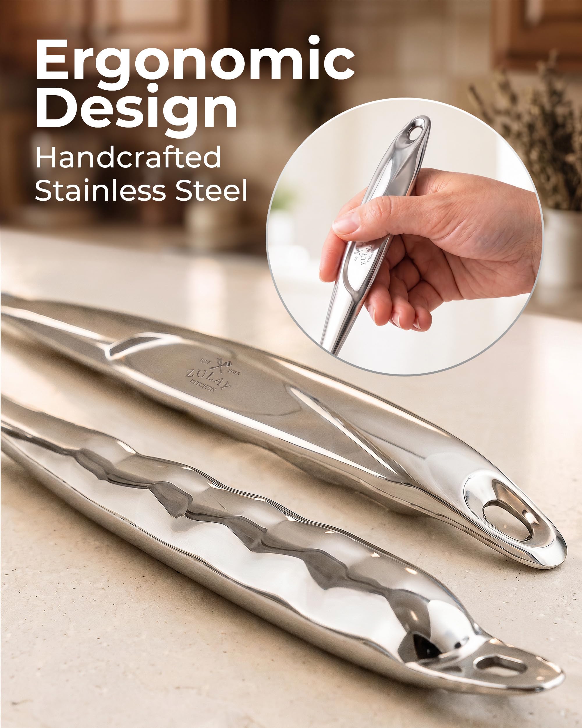 Zulay Kitchen Utensils Set - Premium Cooking Utensils Set - 5 Piece Complete Stainless Steel Utensil Sets - Comfortable Grip Stainless Steel Utensils Set - Kitchen Utensils Set Stainless Steel | Küchenhelfer aus Edelstahl – langlebige Küchenhelfer – Metal