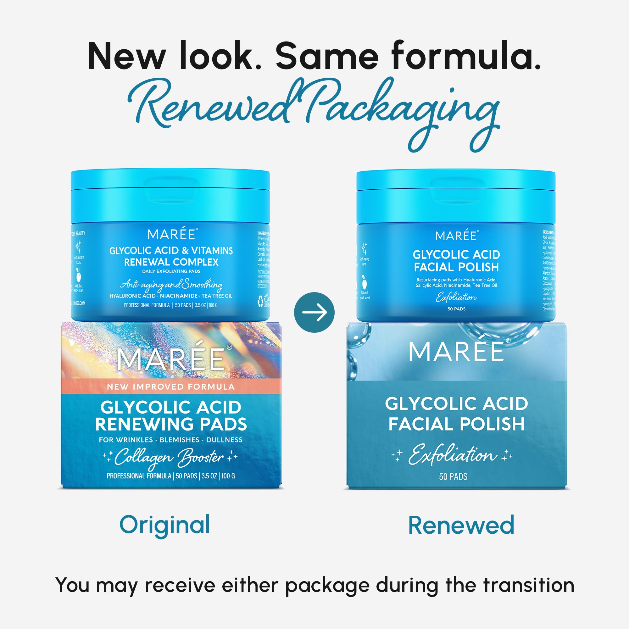 MAREE Glycolic Acid Pads - Toner Pads for Face Cleansing - Exfoliating Pad with Tea Tree Oil, Salicylic Acid & Vitamins E, B3, B5 - Acne Clearing, Skin Pore Resurfacing & Radiance Device - 50 Count