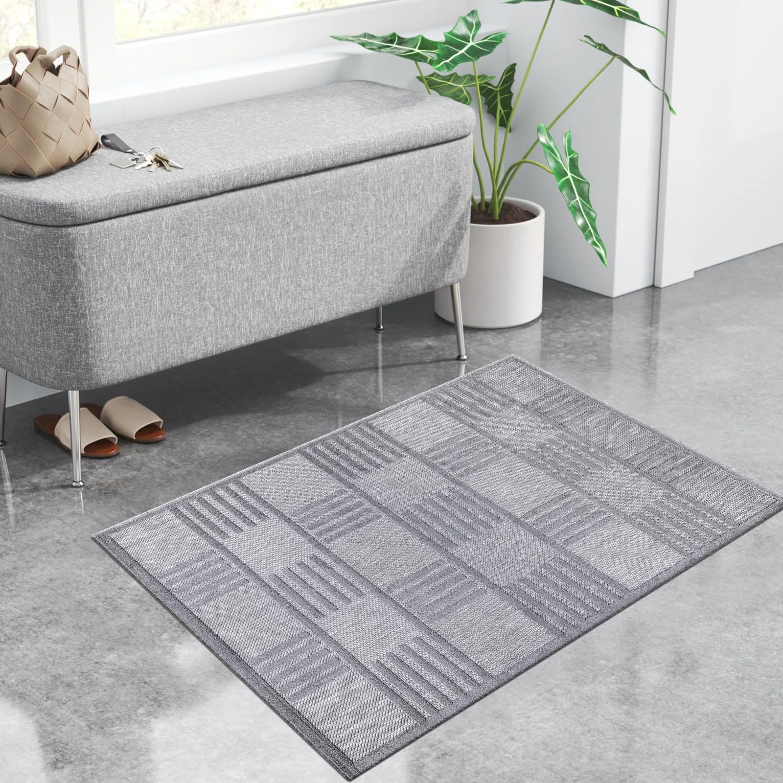 renoazul® Elegant Checkered Pattern Rug, Dover Grey, 80 cm x 150 cm, Rug for Living Room, Kitchen, Bedroom, Office