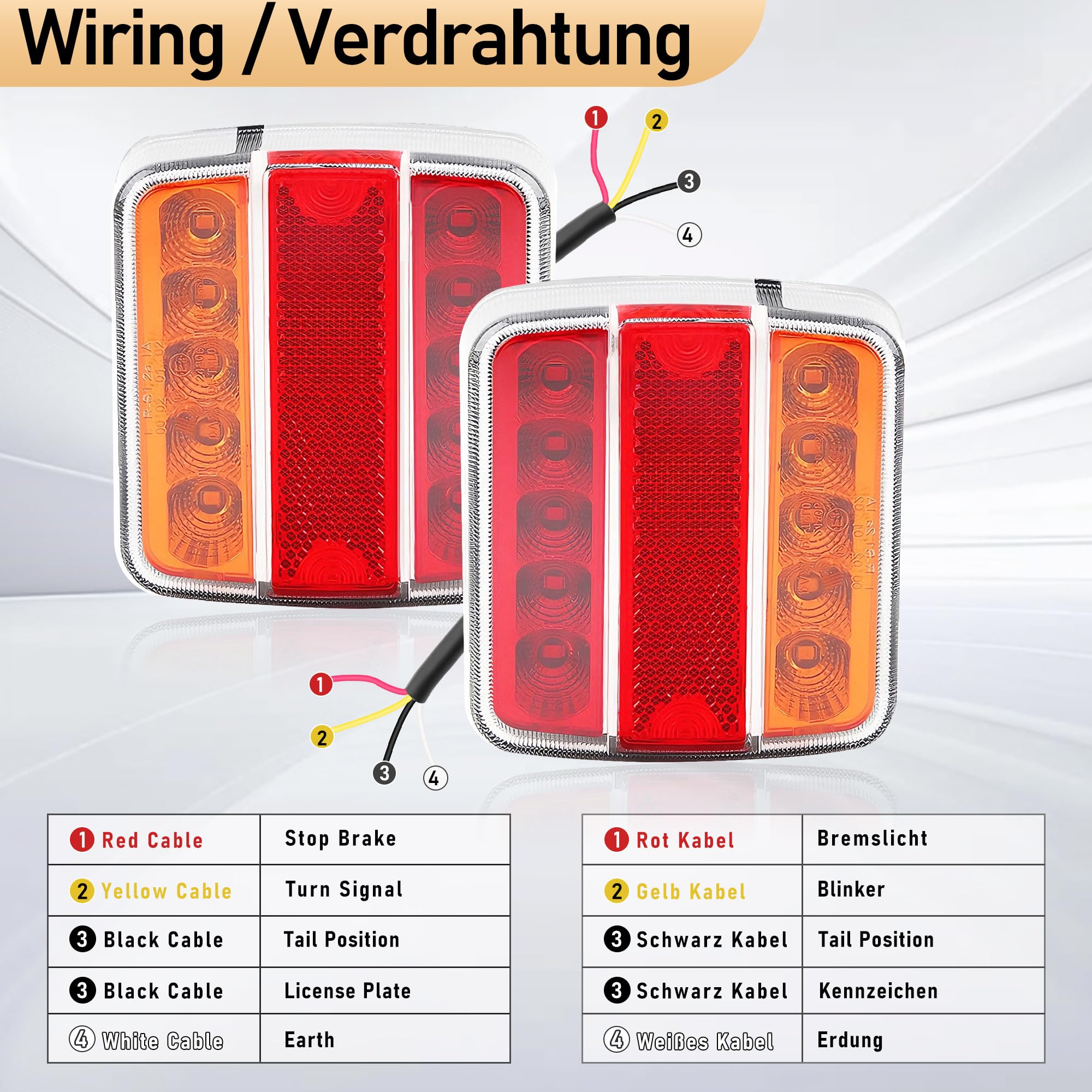 Quadrato Fanali Posteriore Rimorchio LED Omologati E-Mark 12V/24V Impermeabili IP67, 5-in-1 Rosso(Luce di Frecce/Posizione/Targa/Freno/Riflettore) Fissaggio con Perno Per Rimorchio Furgoni