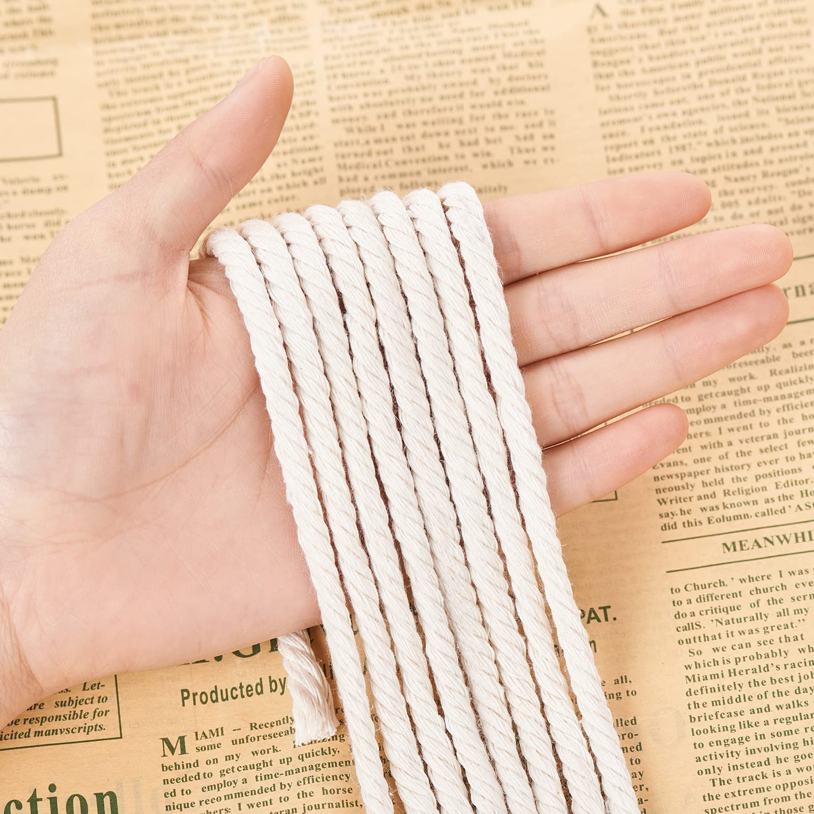 Sznurek do makramy, 6 mm x 218 metrów, naturalna bawełniana lina do makramy, 4 żyłki, skręcona makrama, bawełniany sznurek do zawieszania na ścianie, wieszaków na rośliny, rzemiosła, pakowania prezentów i dekoracji ślubnych (6 mm x 200 m)