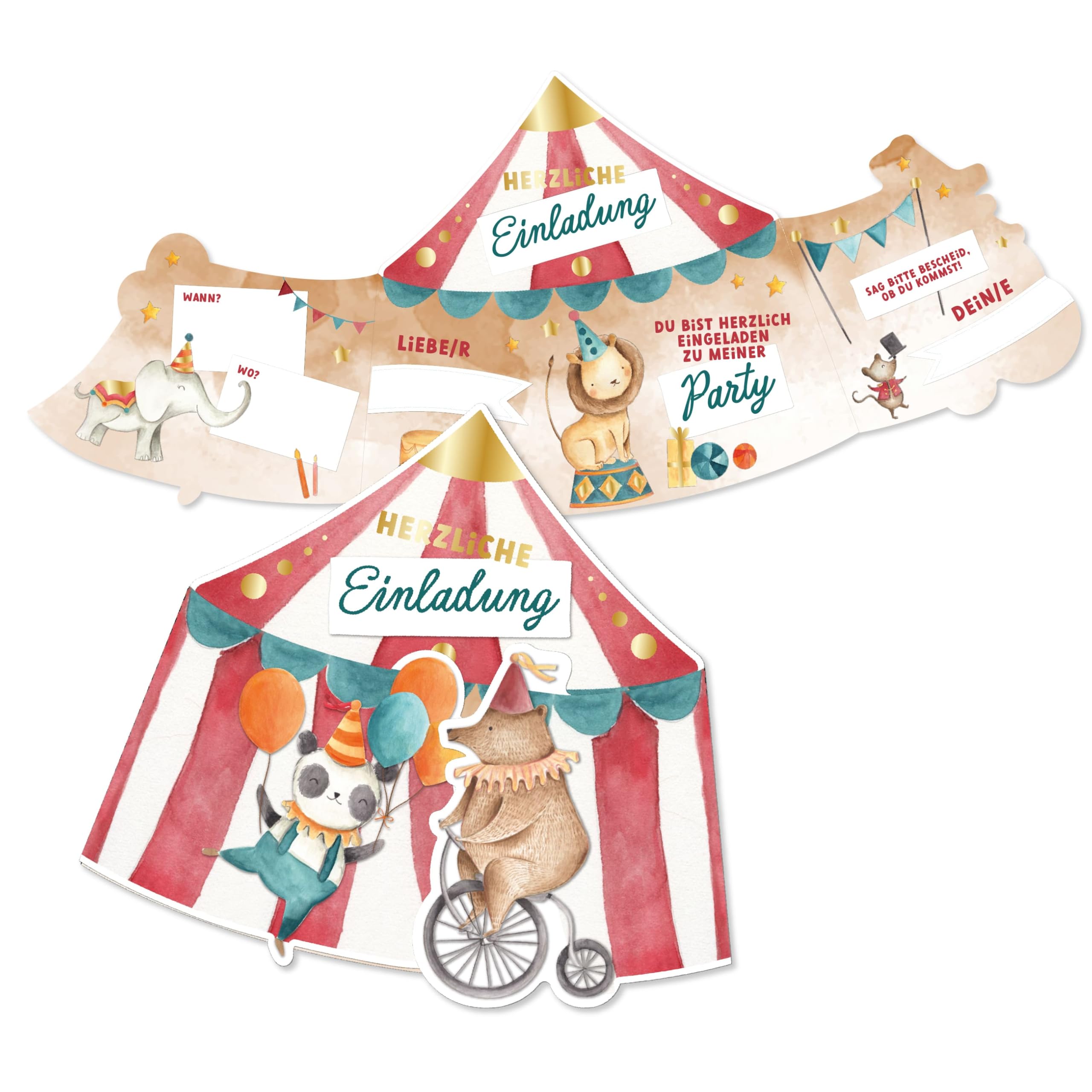Papierdrachen 12 Einladungskarten Kindergeburtstag - Zirkuszelt -Motto-Party - 350g-Karton - Aquarell-Stil - Goldfolie - Mädchen - Junge