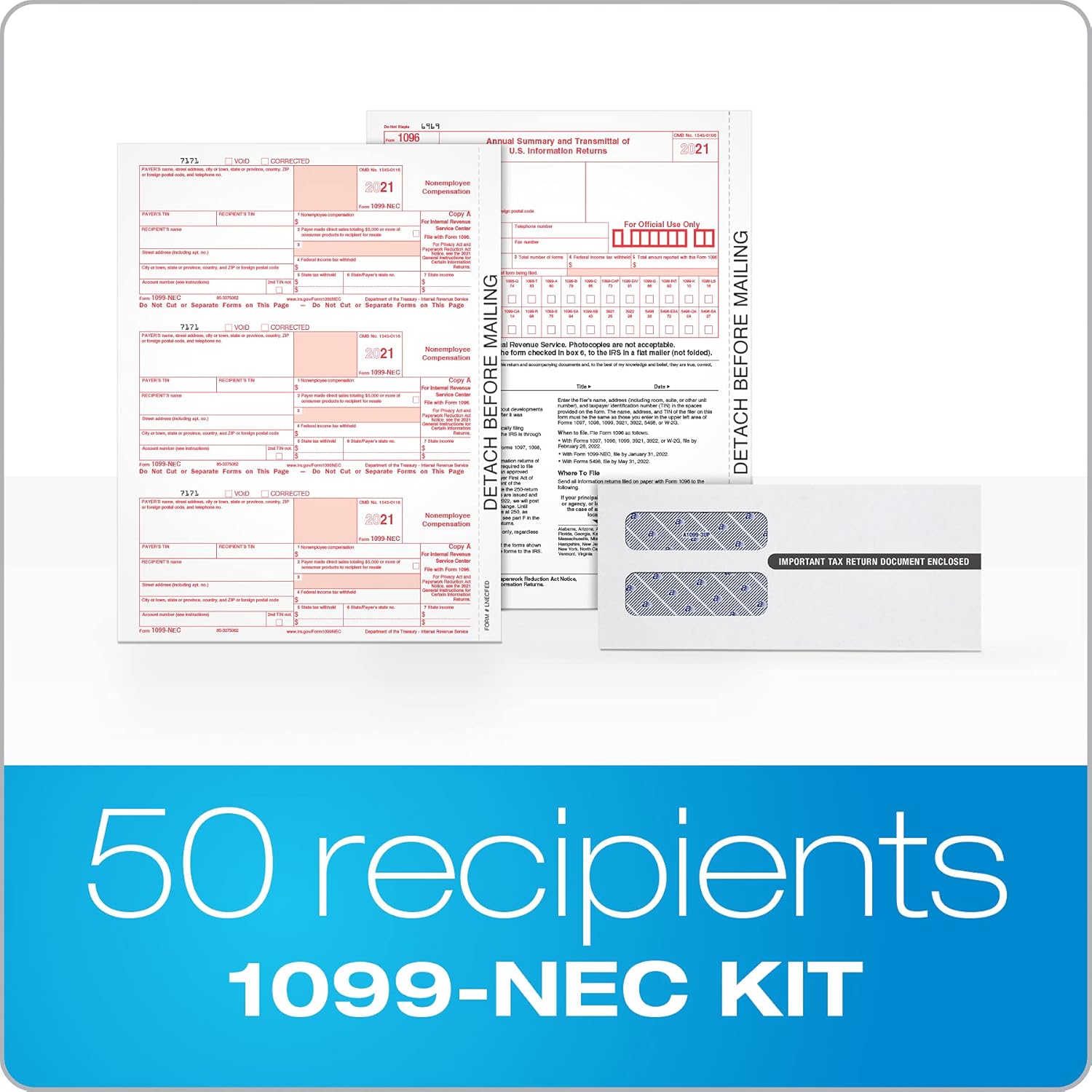 Adams 1099 NEC 3 Up Forms 2021, 4 Part Laser/Inkjet 1099 Forms with Self Seal Envelopes, for 50 Recipients, Includes 3 1096 Forms (TXA225504-NEC21) : Office Products