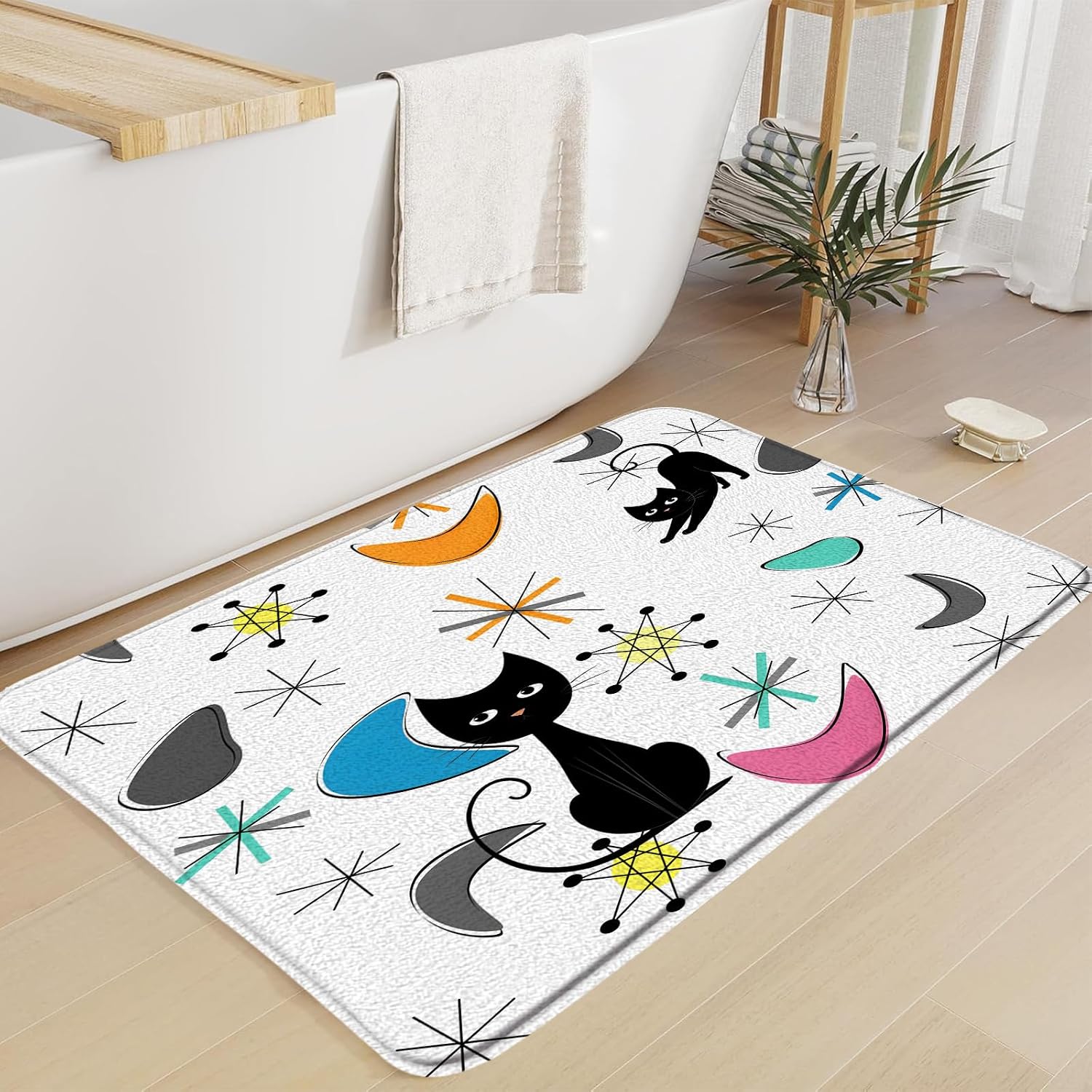 Mid Century Modern Cat Bath Mat Atomic Sputnik Geometric 1950s Black Blue Orange Bathroom Kitchen Toilet Rugs,24x71 Inch