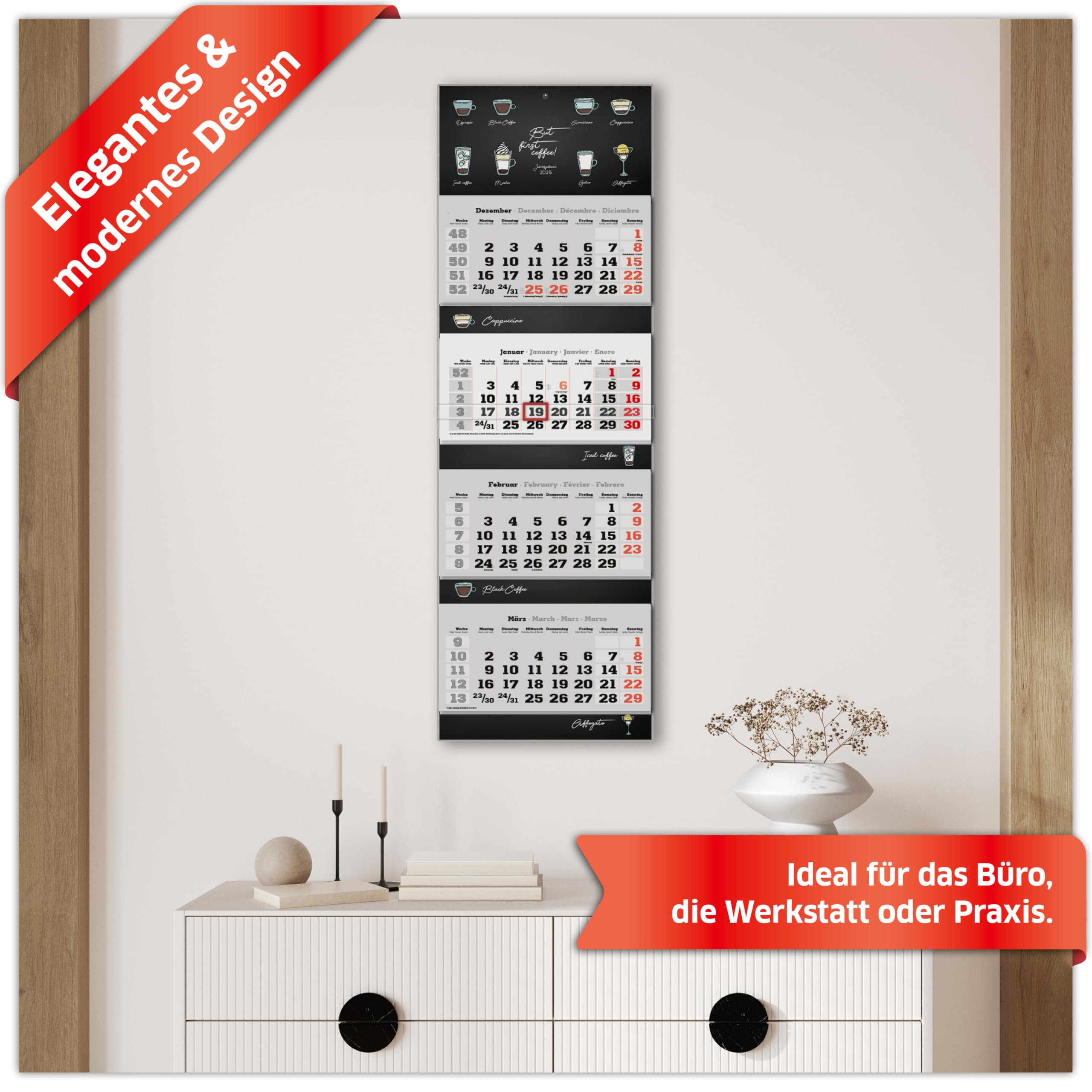 PRIMUS PRINT XXL Mehrblock Kalender 2025 - 32x98,7cm Wandkalender Mit 4 Blöcken