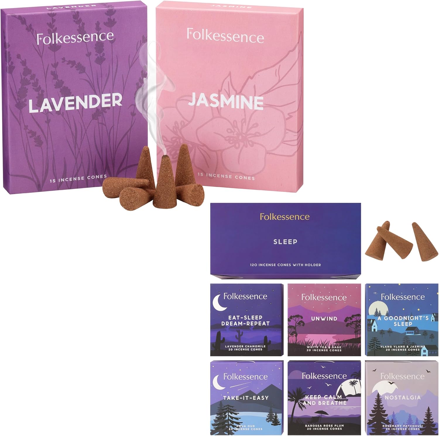 Folkulture Incense Cones Scented, Set of 6 Inscents-Cones (120 Cones) with Incense Cones Holder & Set of 2 Inscents-Cones (30 Cones), Natural Fragrances