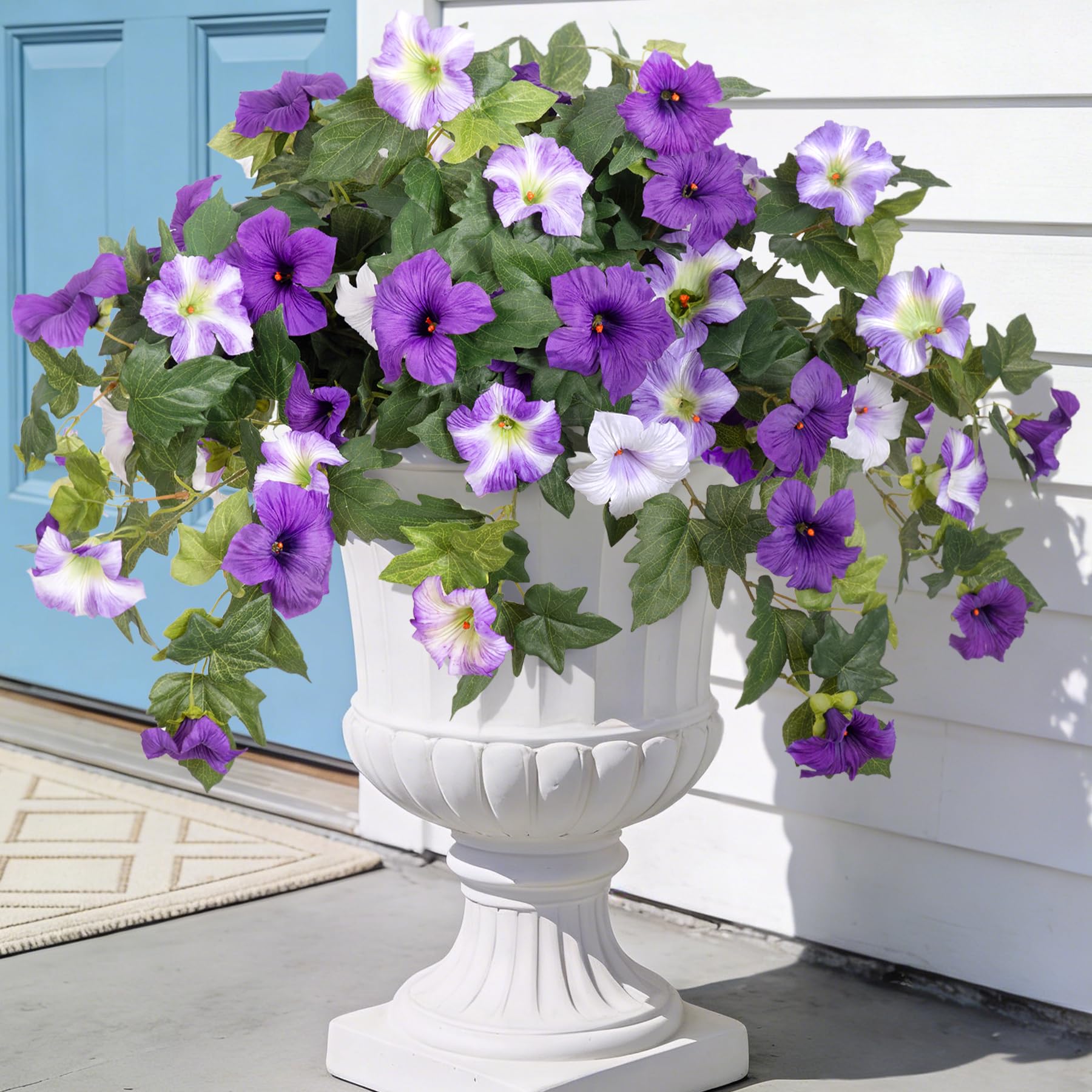 Artificial Fake Flowers Plants for Outdoor Decoration, 2PCS Faux Petunias Silk Flower UV Resistant No Fade for Home Outside Garden Balcony Yard Porch Realistic Indoor Decor (Purple White)