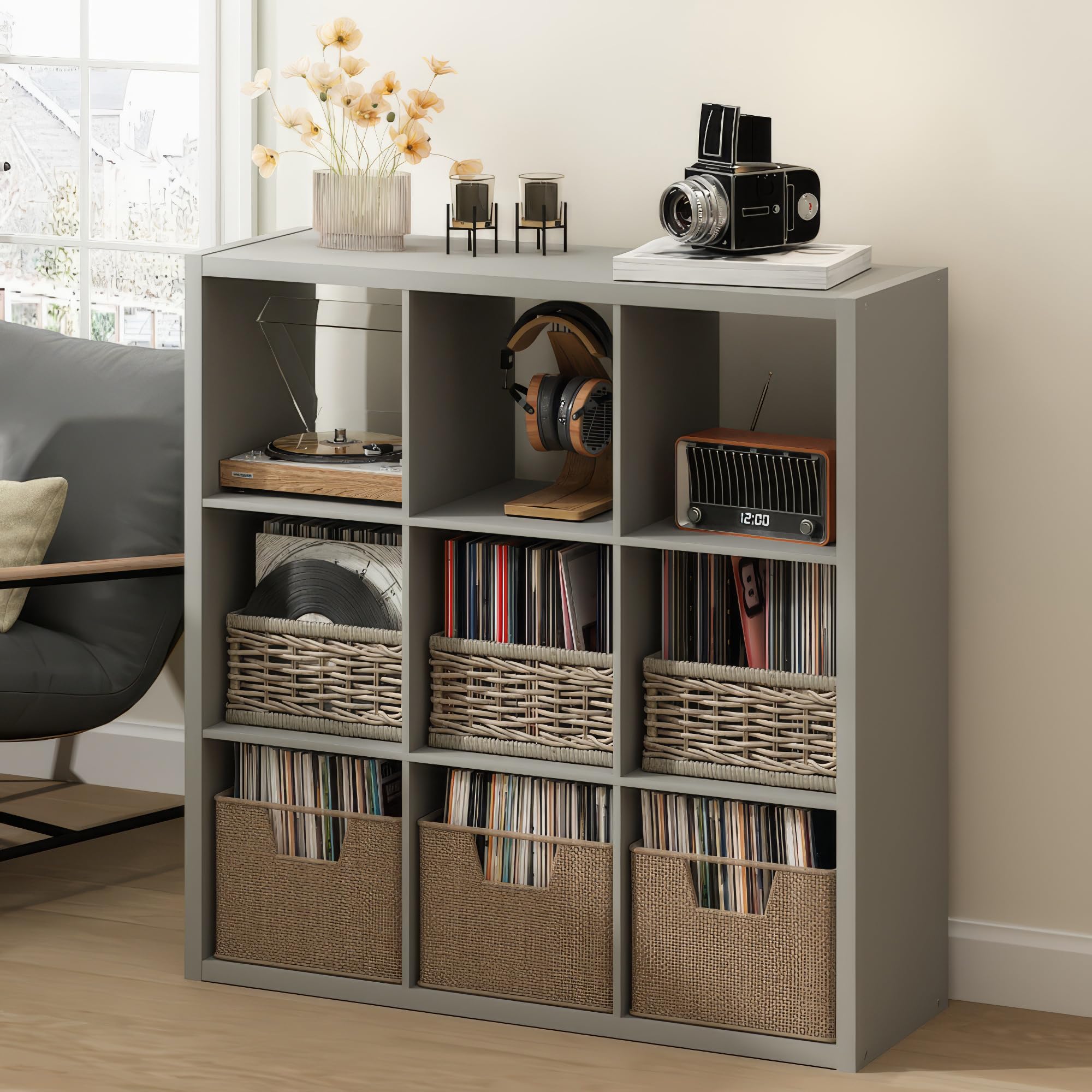 Furinno CUBICLE Record Player Stand with Vinyl Storage, 9-Cube 1.2 Extra Thick Vinyl Record Storage, Open Back Media Shelf for CD DVD Blueray Game Disc, for Living Room, Home Office, Light Grey