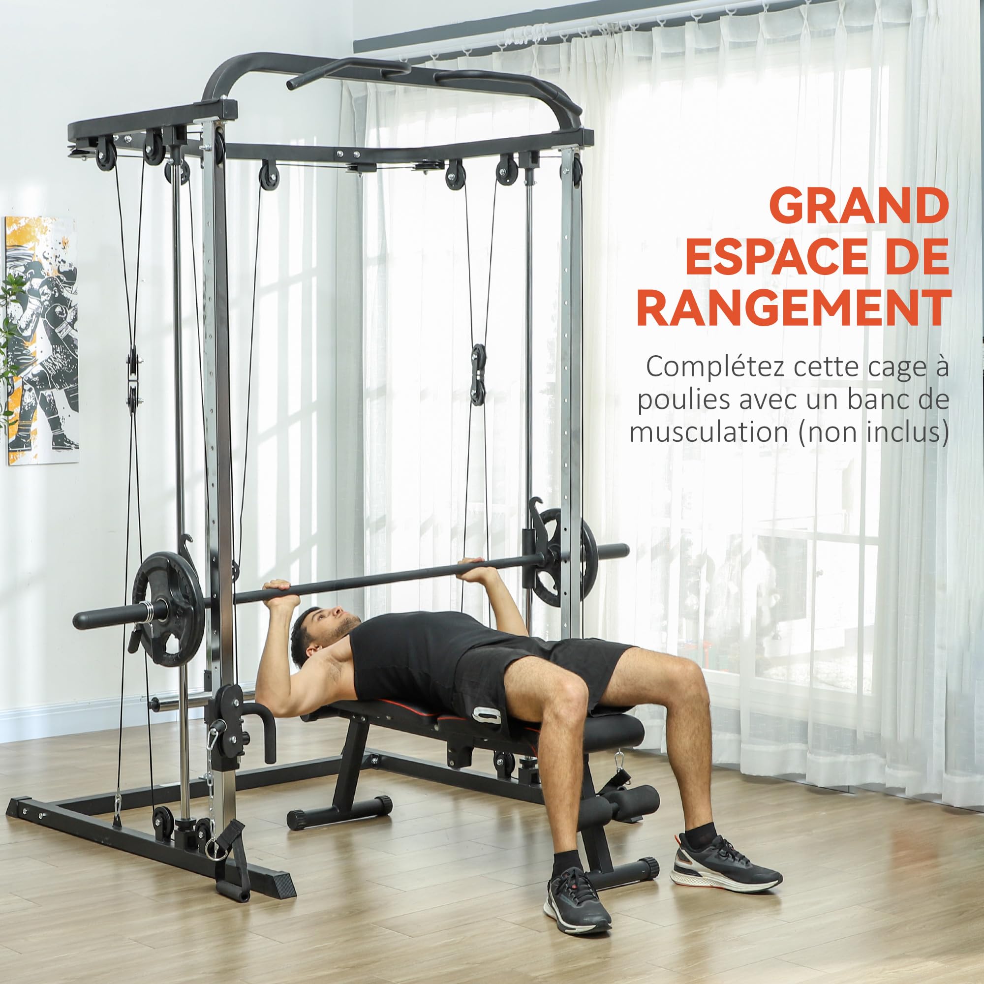 SPORTNOW Stazione di sollevamento pesi, stazione di trazione a cavo, con supporto per squat, bar, cavo Cross-Over, altezze regolabili struttura in acciaio, per allenamento domestico, nero