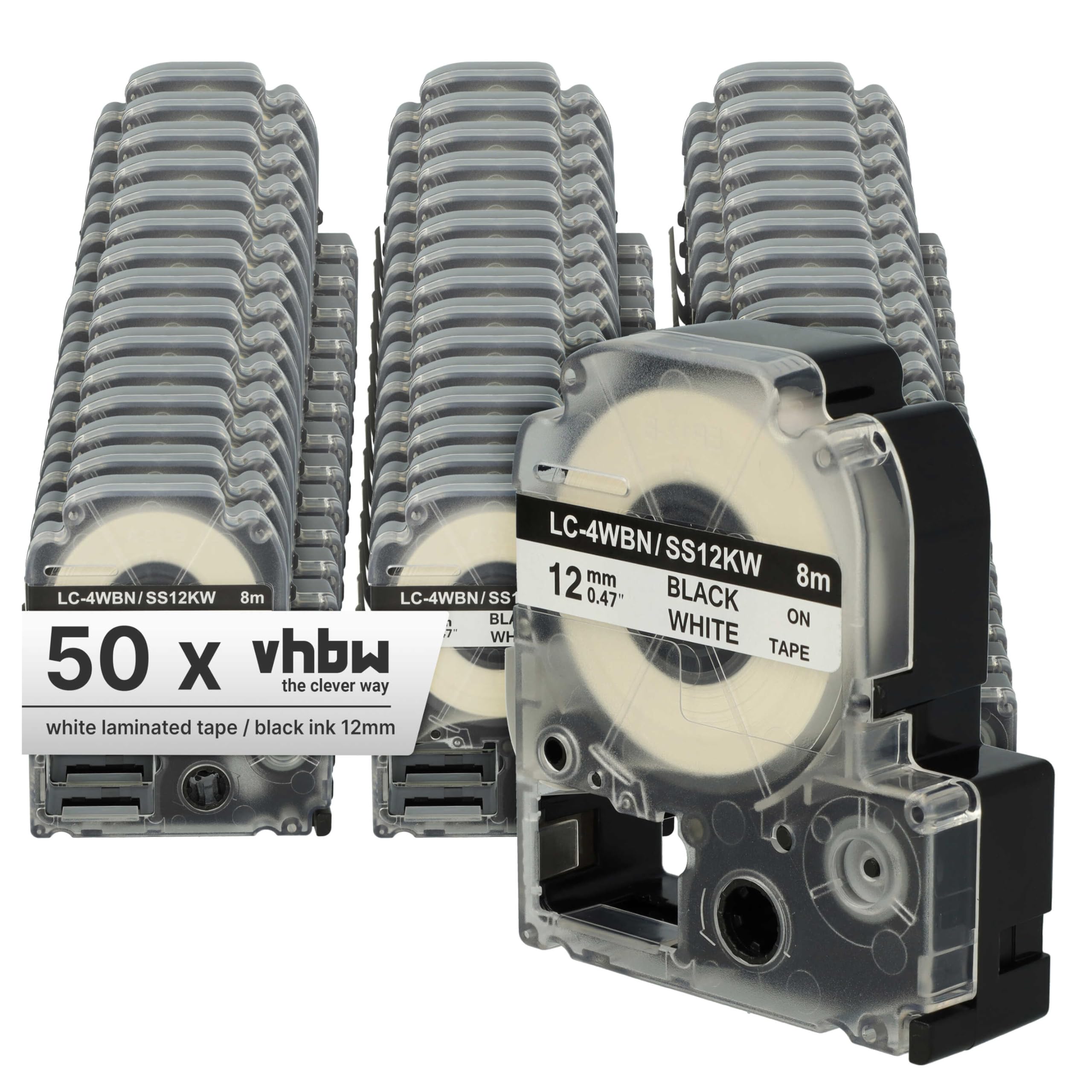 vhbw 50x Cassetta nastro sostituisce Epson LC-4WBN per etichettatrice 8m x 12 mm nero su bianco