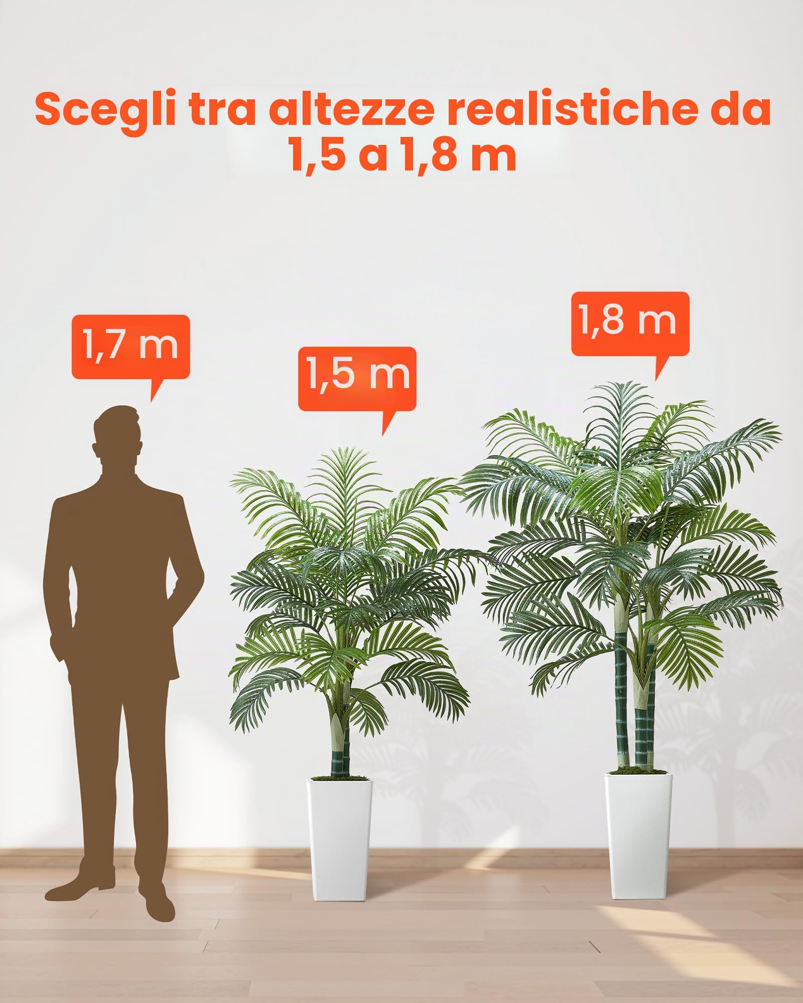 VEVOR Palma Areca Artificiale 1829 mm, Pianta Tropicale Finta con Fioriera Bianca Alta, Pianta Finta in Seta da Pavimento in Vaso, Grandi Alberi per Casa, Ufficio, Soggiorno, Interno ed Esterno