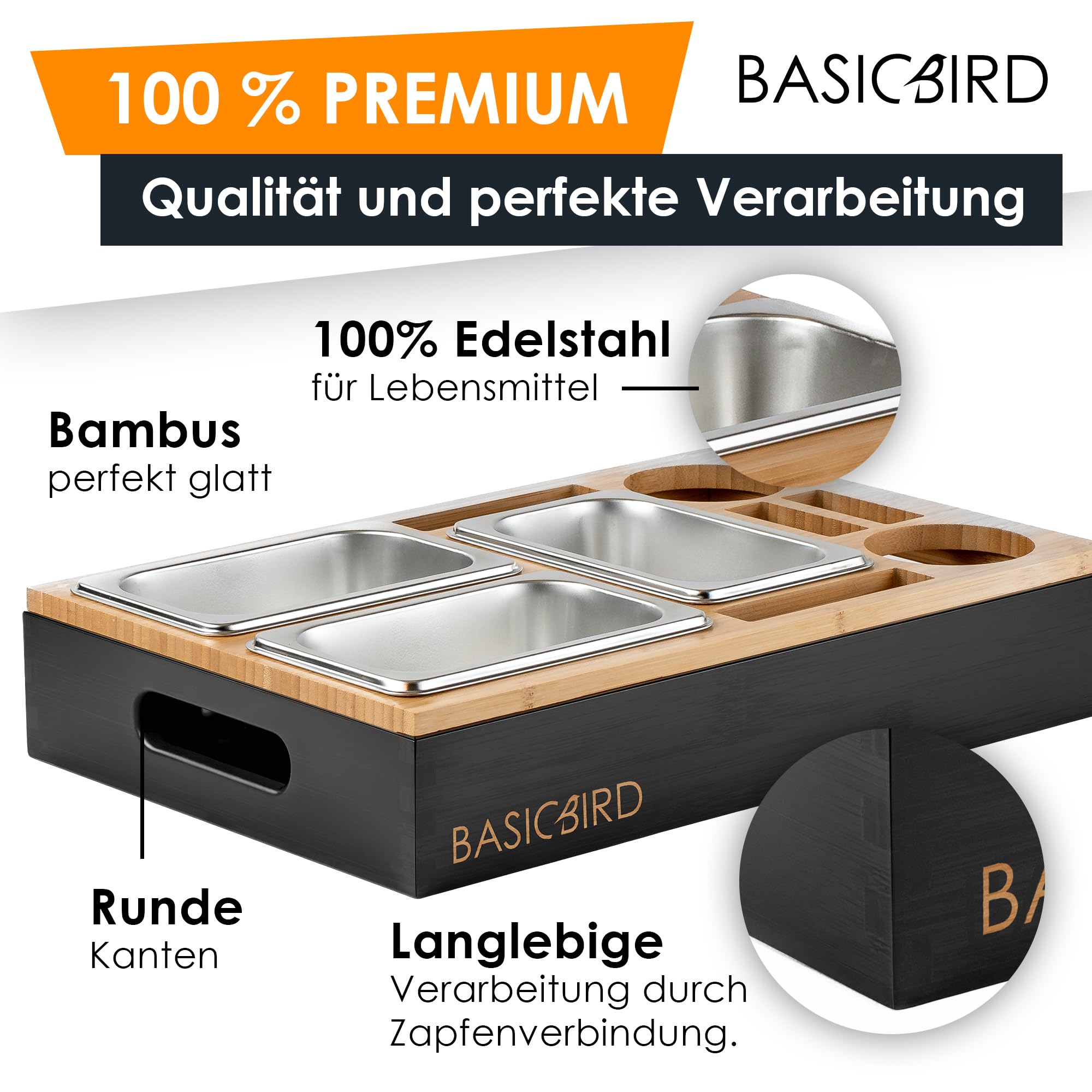 BASICBIRD® Couchbar Snackbox Organizer Tablett mit 3X Snackschale Holz Sofatablett Getränkehalter Schwarz