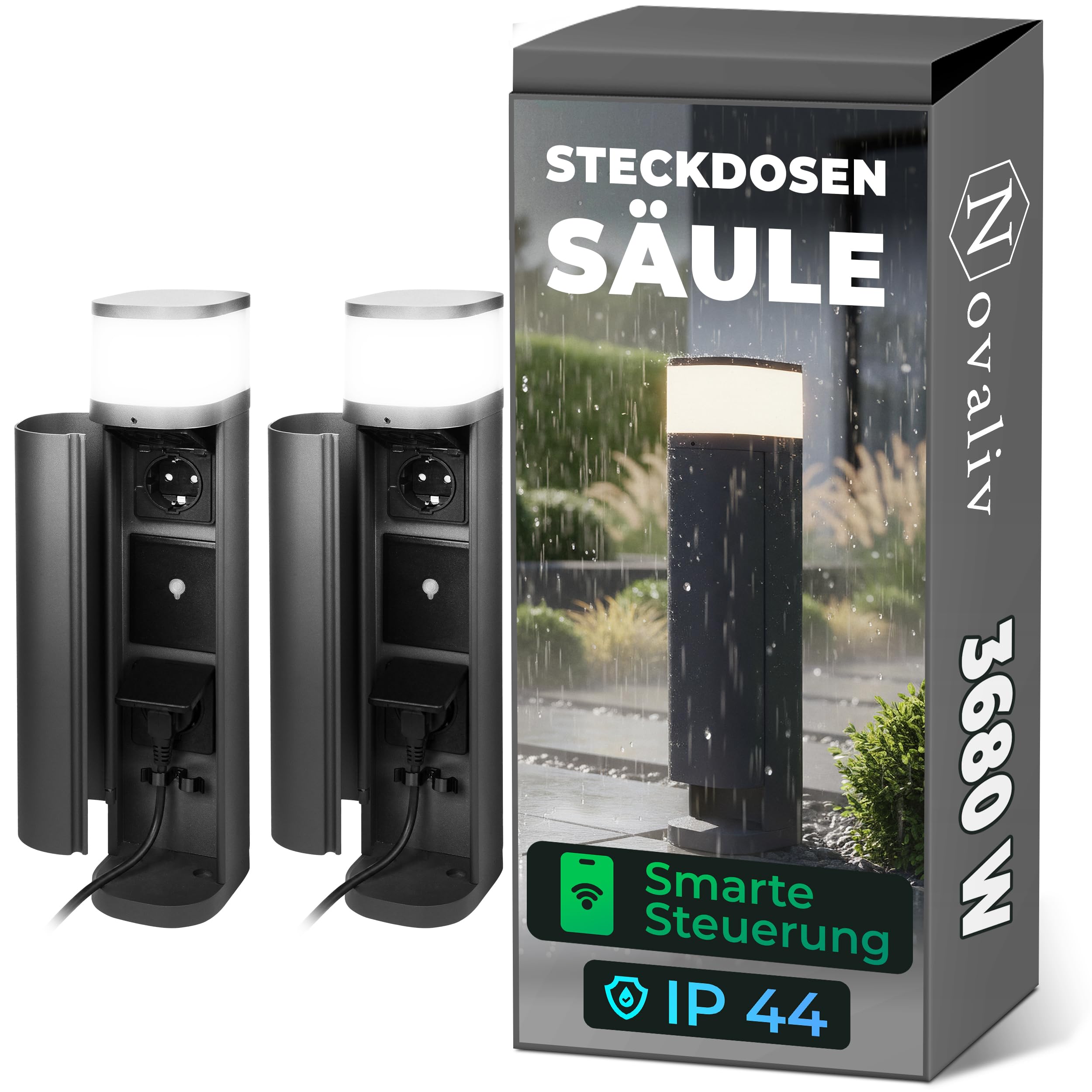 Novatool 2x Lampa słupkowa zewnętrzna z gniazdkiem Funk 2-krotna antracytowa okrągła z przysłoną SMART WIFI APP IP44 gniazdko ogrodowe outdoor kolumna gniazdkowa ogród wieża gniazdkowa