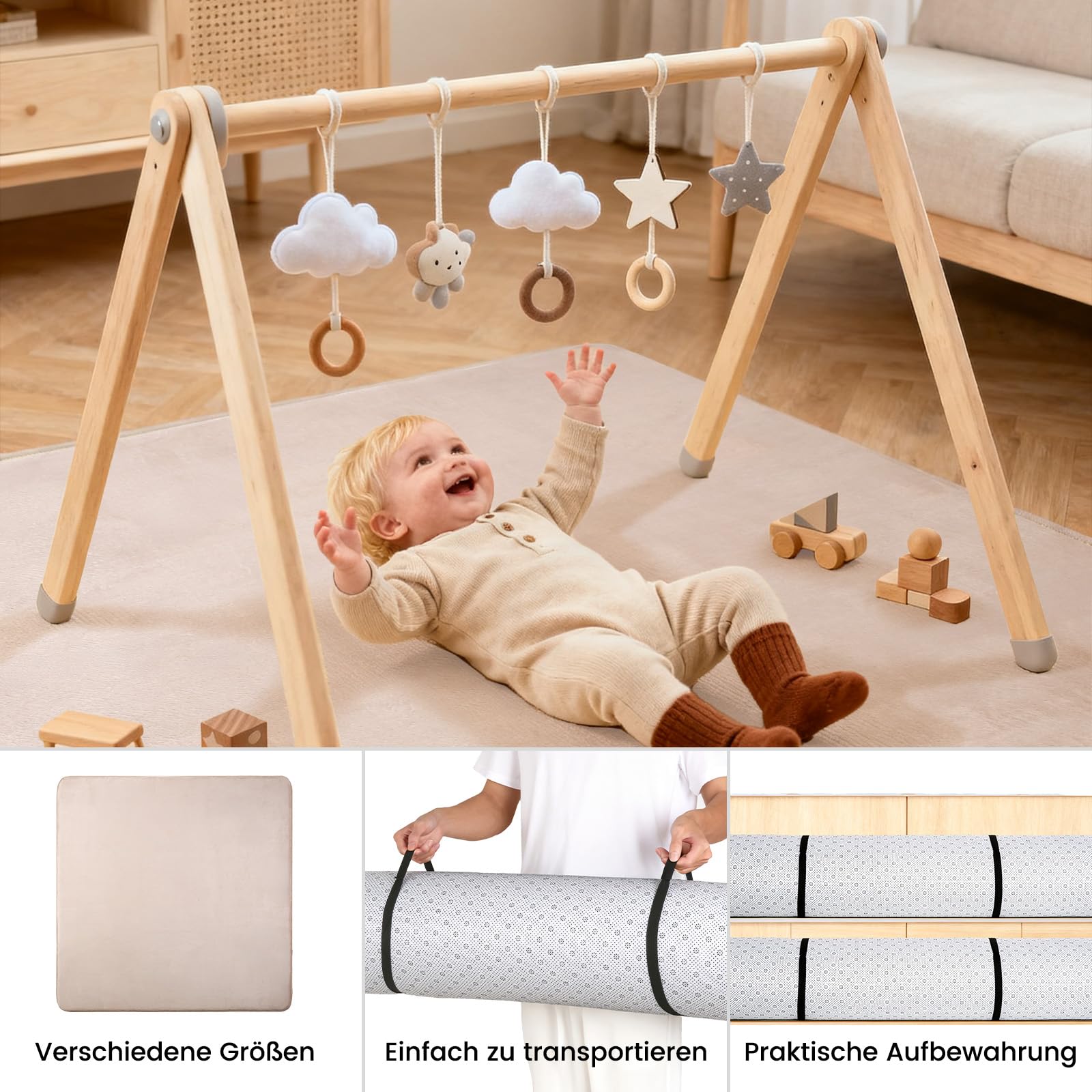 Krabbelmatte Baby 127×127cm, 3cm Dicke Schaumstoff Spielmatte, Ultraweiche Stütze und Plüschiges Gefühl Teppich Kinderzimmer, Pflegeleichte Krabbeldecke Baby mit Rutschfester Unterseite, Beige