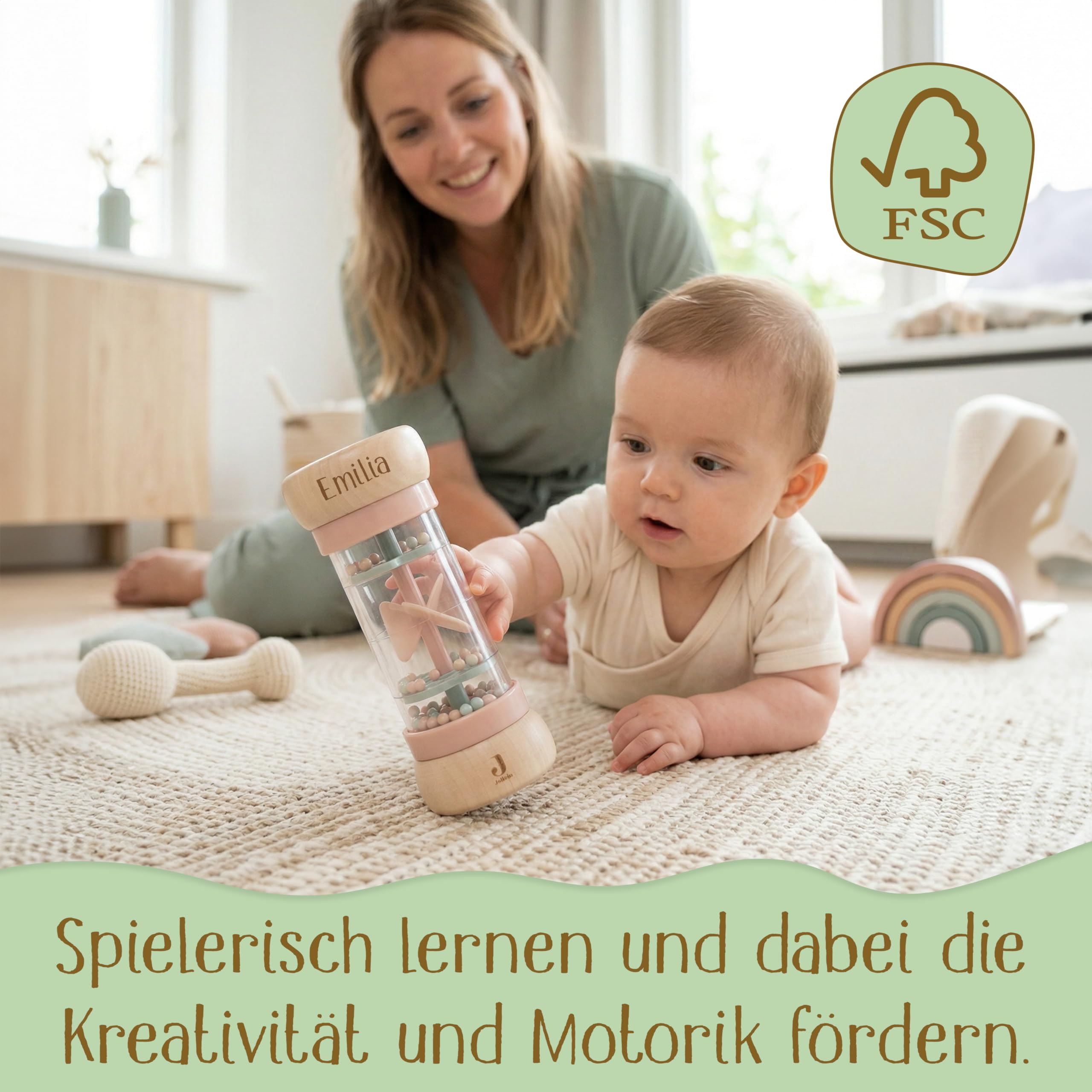 Regenmacher personalisiert mit Name – FSC Holz Baby Rassel ab 3 Monate – Geschenk zur Geburt, Taufe, Geburtstag, Motorikspielzeug Baby Mädchen – Holzspielzeug mit Gravur
