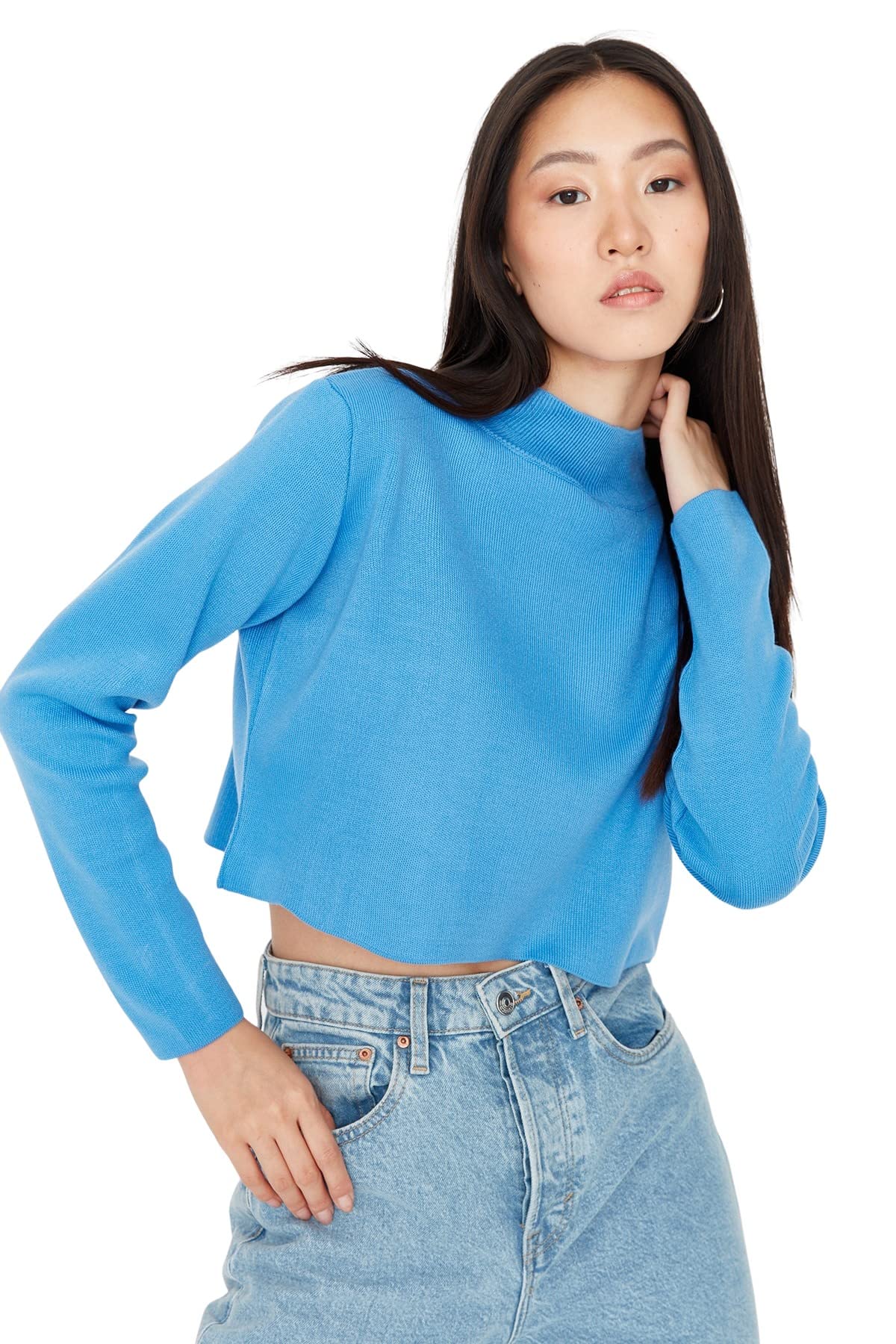 Trendyol Damen Blau Normaler -Pullover Mit Stehkragen, 36