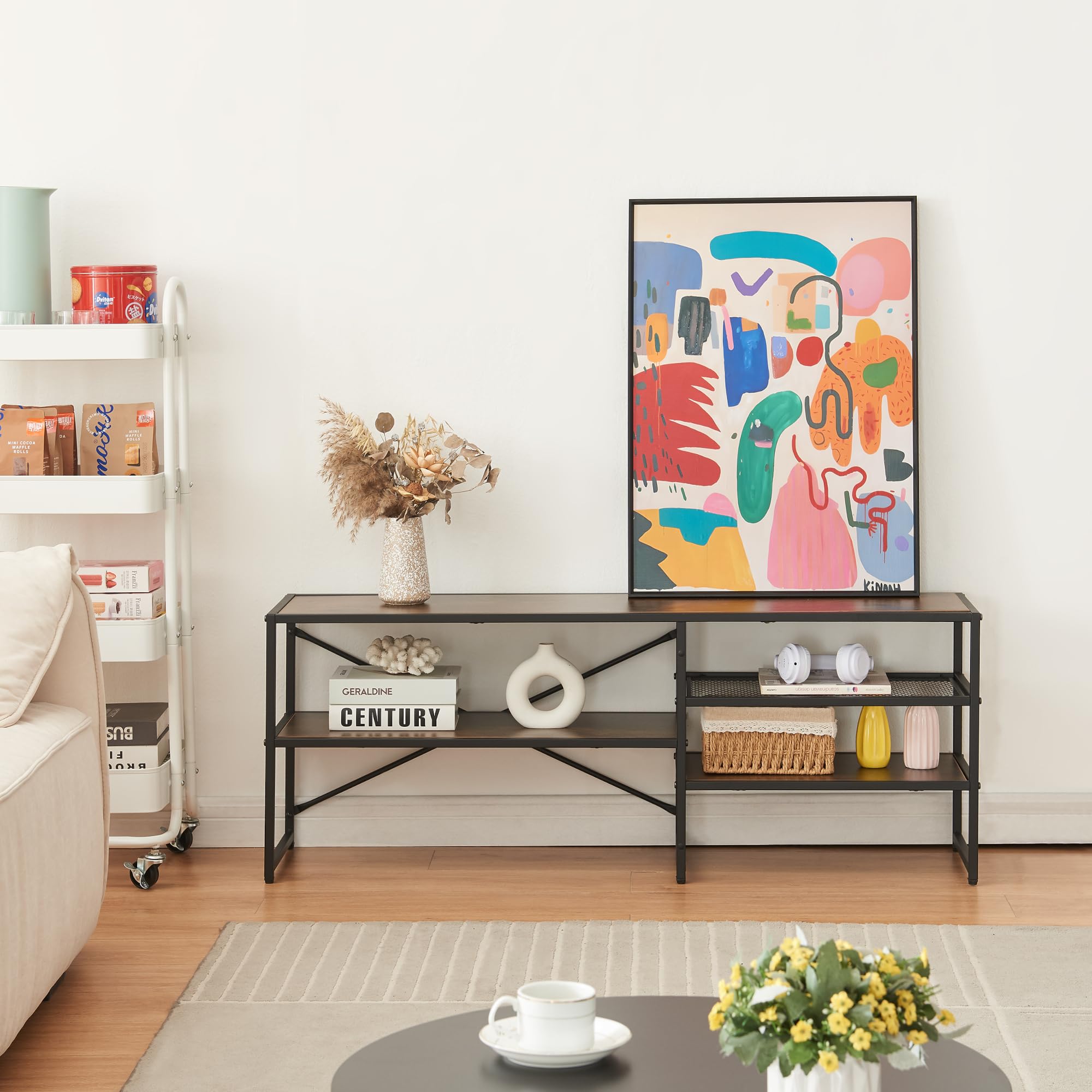 [en.casa] Mobile TV Moderno Aperto Tavolino Porta TV Consolle Bassa con Ripiani Stand TV e Centri Multimediali 120 x 30 x 46 cm Nero/Effetto Noce