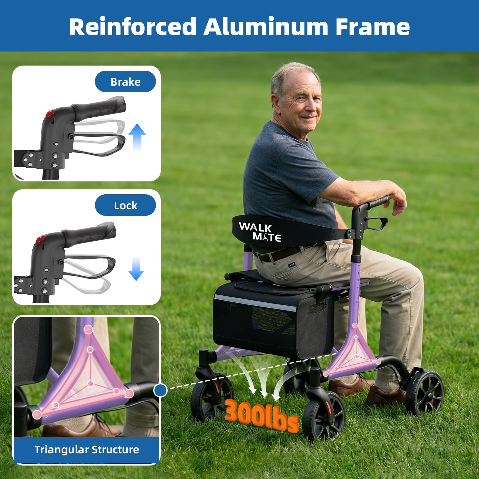 WALK MATE Andador con ruedas para personas mayores con soporte para tazas, botón de presión mejorado para ajustar la altura, ruedas de 4 x 8 pulgadas con asiento respaldo acolchado, plegable, ligera,