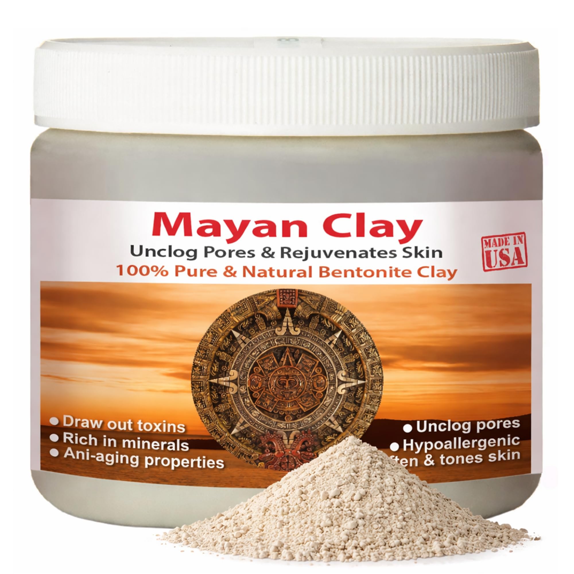 Mayan Pure Indian Healing Clay Powder, Deep Pore Skin Cleansing, Body and Hair Mask, Natural Calcium Bentonite Clay