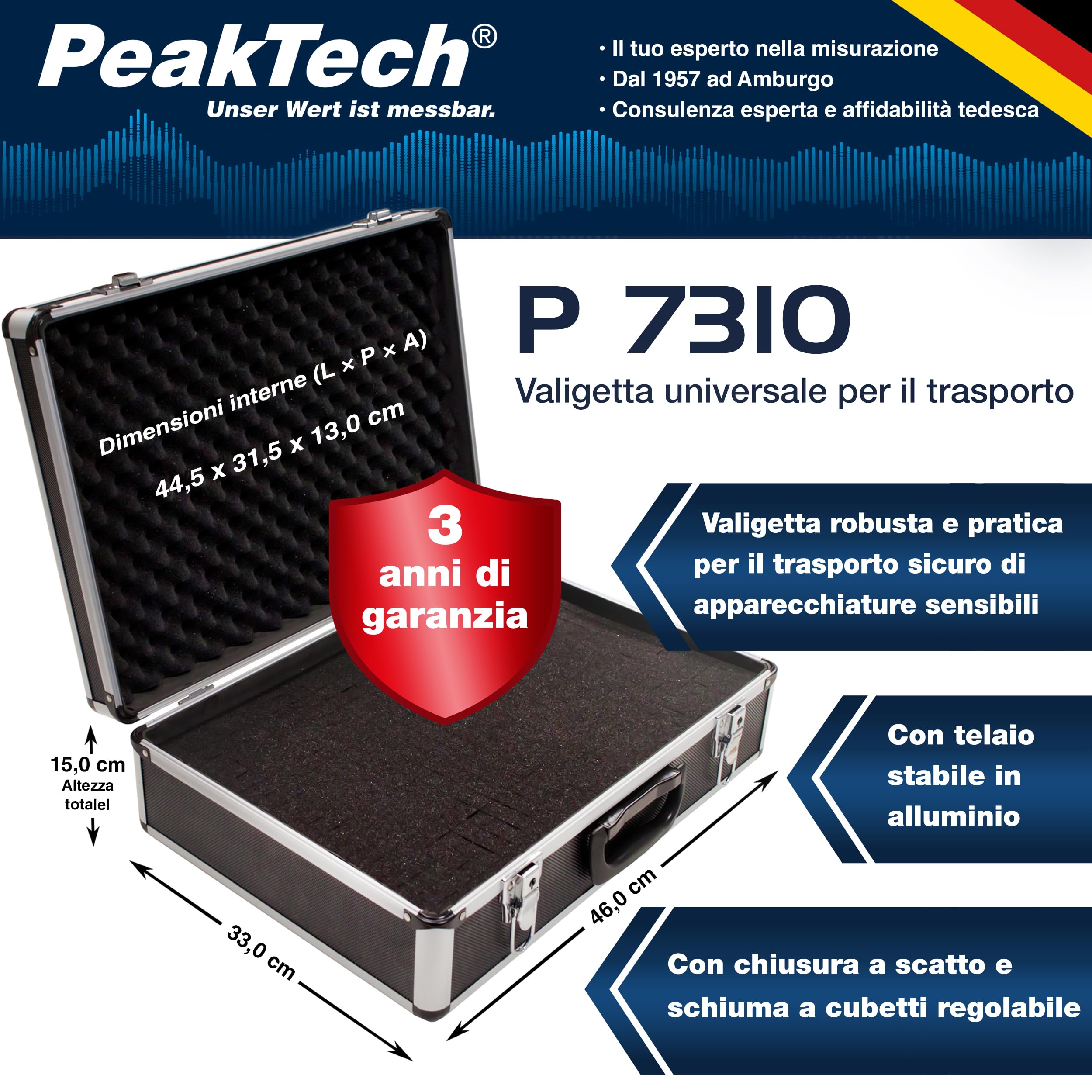 PeakTech P 7310 valigetta universale XL, 460 x 330 x 150 mm con imbottitura a dadi in schiuma, 1 pezzo