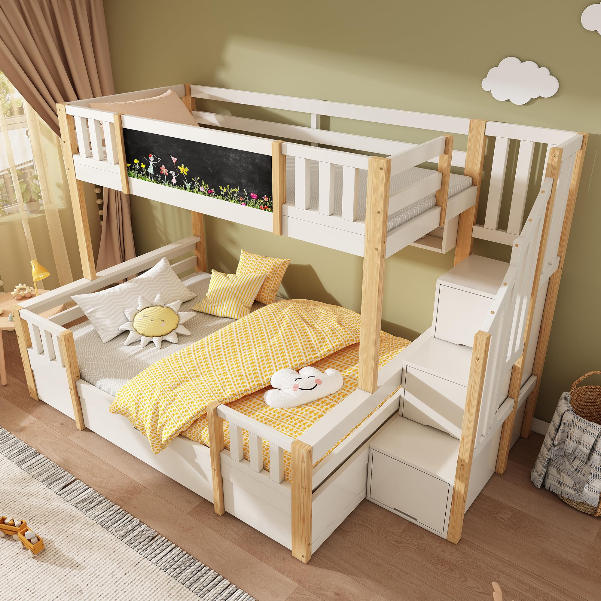 Hochbett Etagenbett 2 Kinder 90x200cm+140x200cm, Kinderbett mit Rausfallschutz, Tafel und Stauraumtreppe, unteres Bett mit Schublade und dreigeteilter offener Stauraum (B-Weiß+Natur)