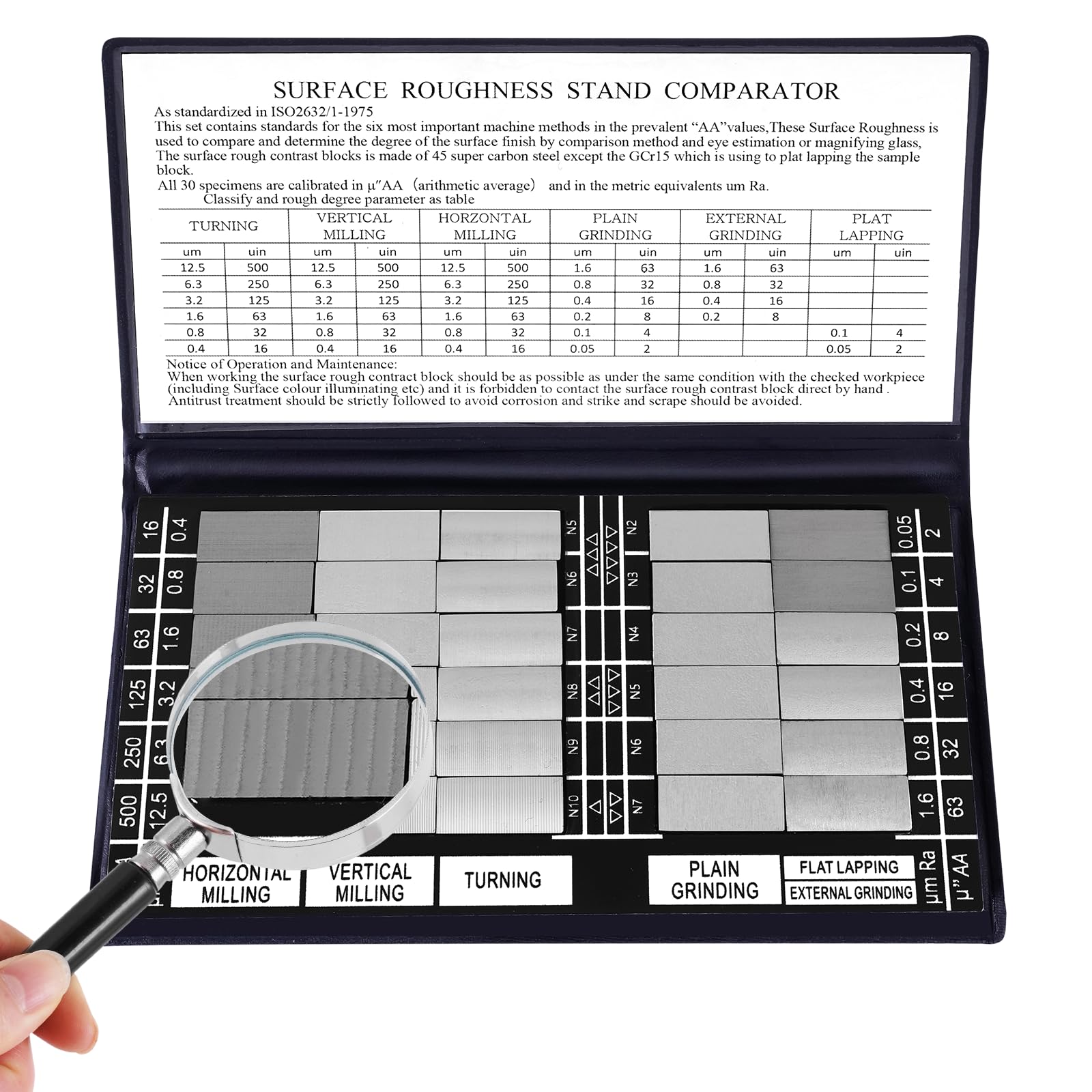 Set di Standard per la Rugosità Superficiale 30 Comparatori Ra 0,05-12,5 mm con Lente d'Ingrandimento 5X per Controllo Industriale