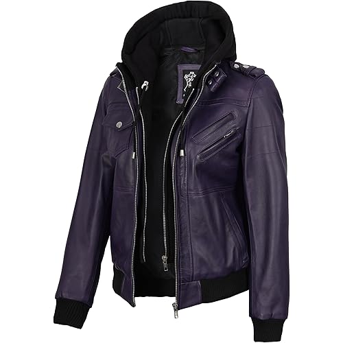 Decrum Detachable Hooded Leather Jacket Women - Real Lambskin Leather Bomber Jacket Women with Hood