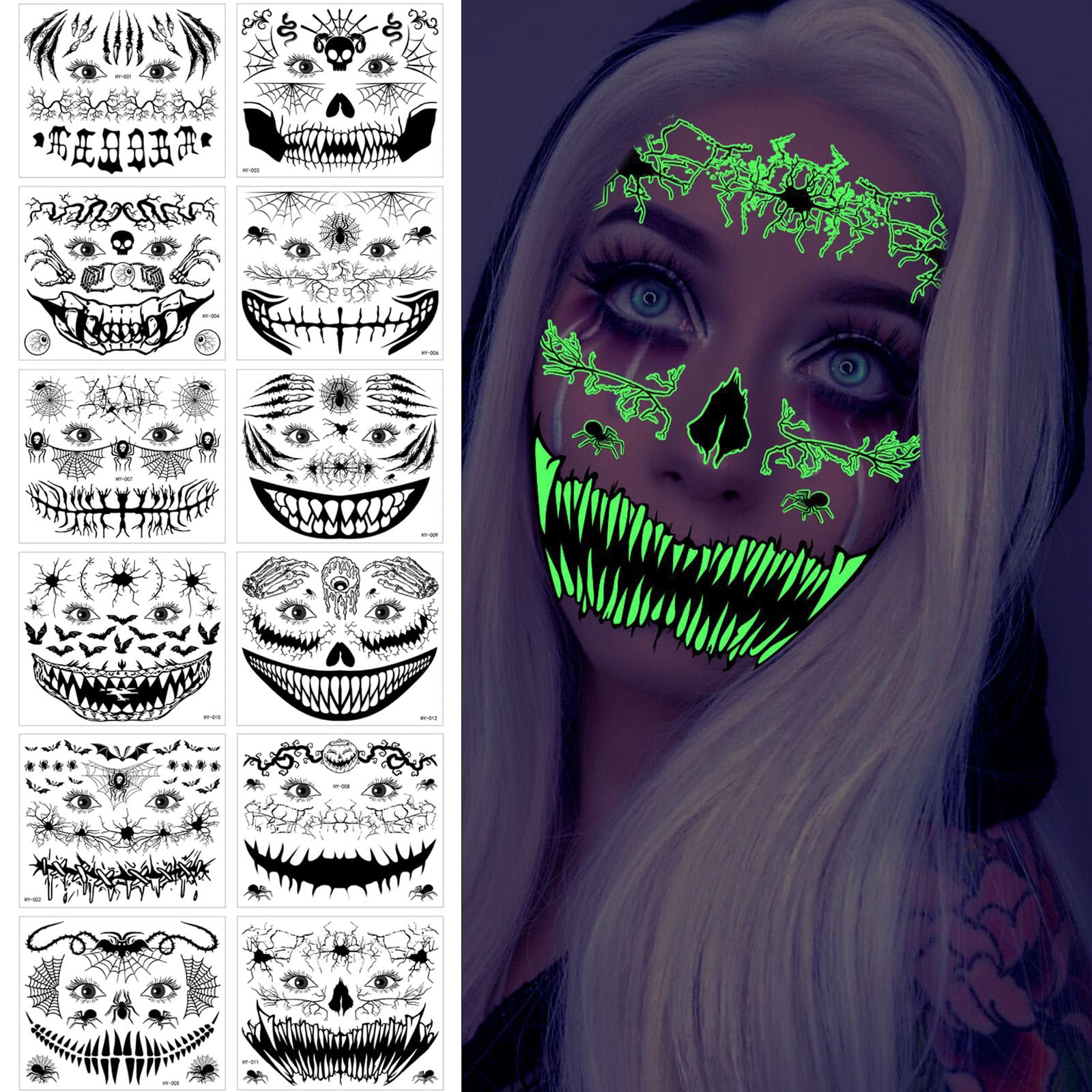 MUMOO BEAR12 Sheets Halloween Face Tattoos Waterproof Temporary Tattoo Stickers Luminous Face Tattoos for Women Men Halloween Cosplay Party Favor Glow in the Dark, HY001-012 (Luminous)