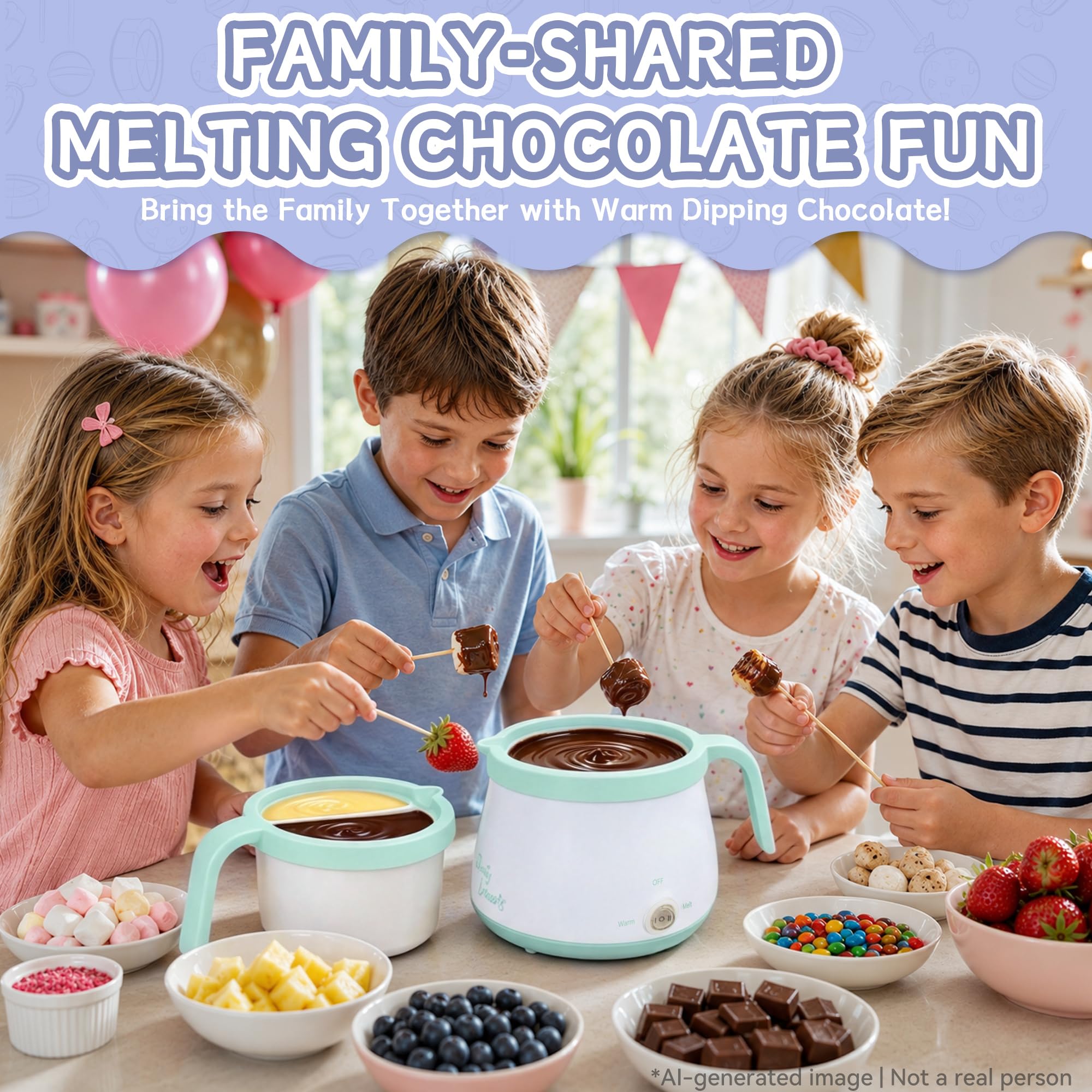 Party Desserts Melting Pot Elettrico Cioccolato con 2 Pentole Slicone 2,5 Tazze (Acquamarina)