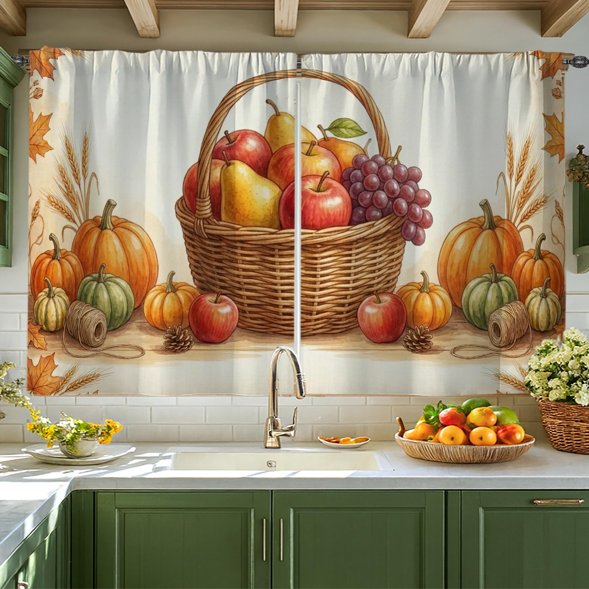 Rideaux rustiques citrouilles vis-à-vis coin évier solution intimité