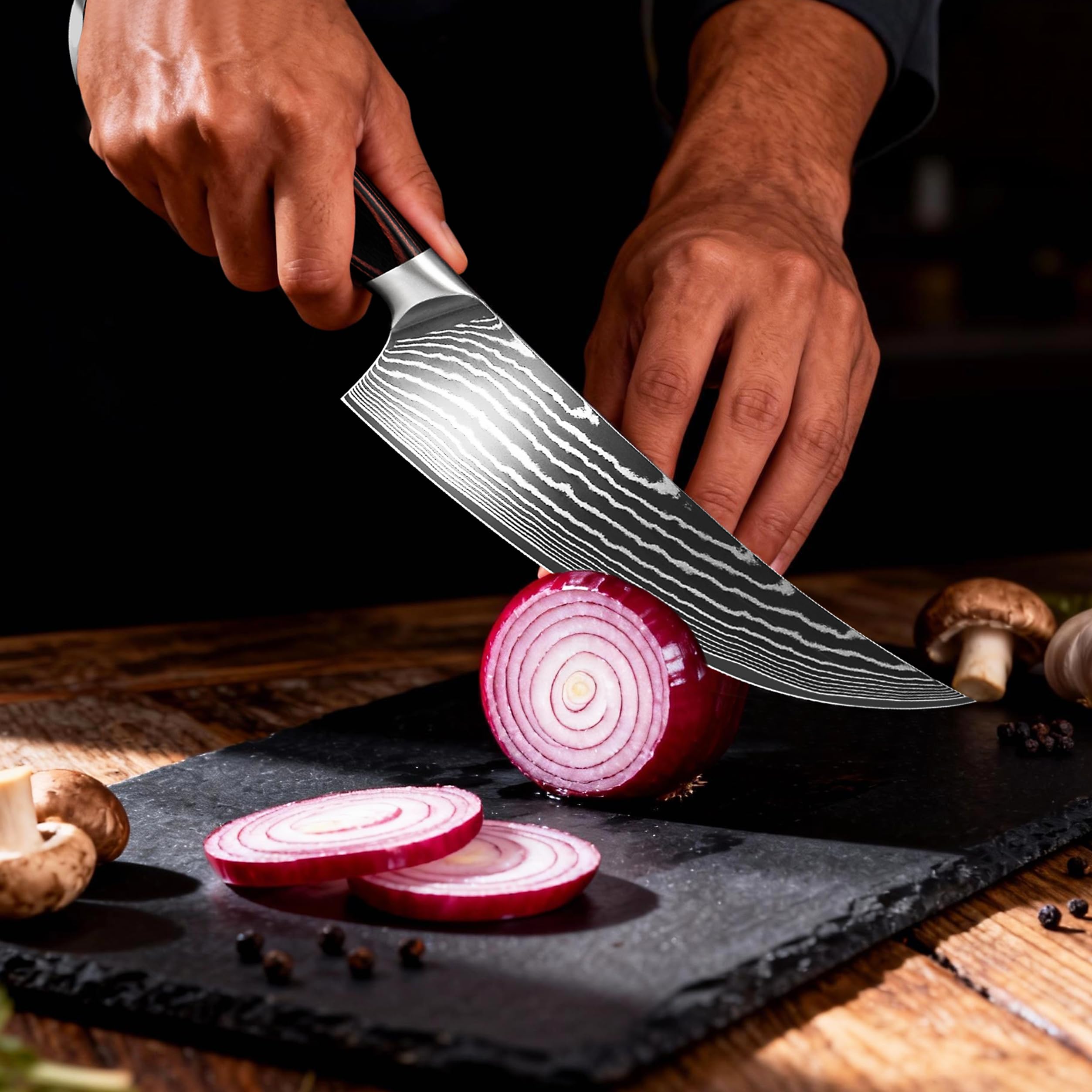 VALESKA 8 Inch Japanese Damascus Chef Knife, VG10 High Carbon Stainless Steel Kitchen Knife with wooden Handle, 15 Degree Edge Razor-Sharp, Gift Box for Family & Friend and Restaurant — Amazon image 9