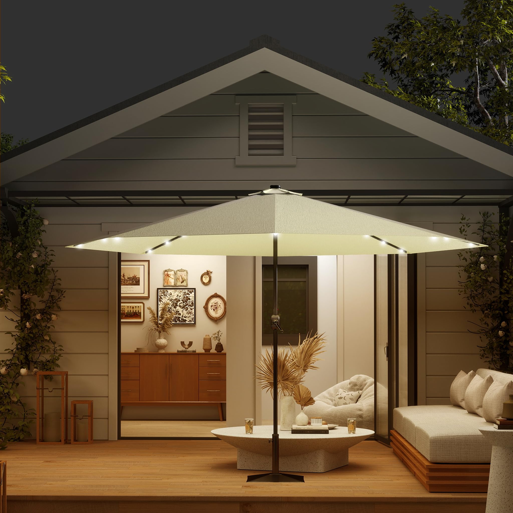 Aufun Ombrellone con ombrellone LED Ø350 cm con manovella realizzato in poliestere protezione solare 40+ protezione UV, ombrellone per balcone, terrazza e giardino, tondo, 8 puntoni, 32 LED, beige