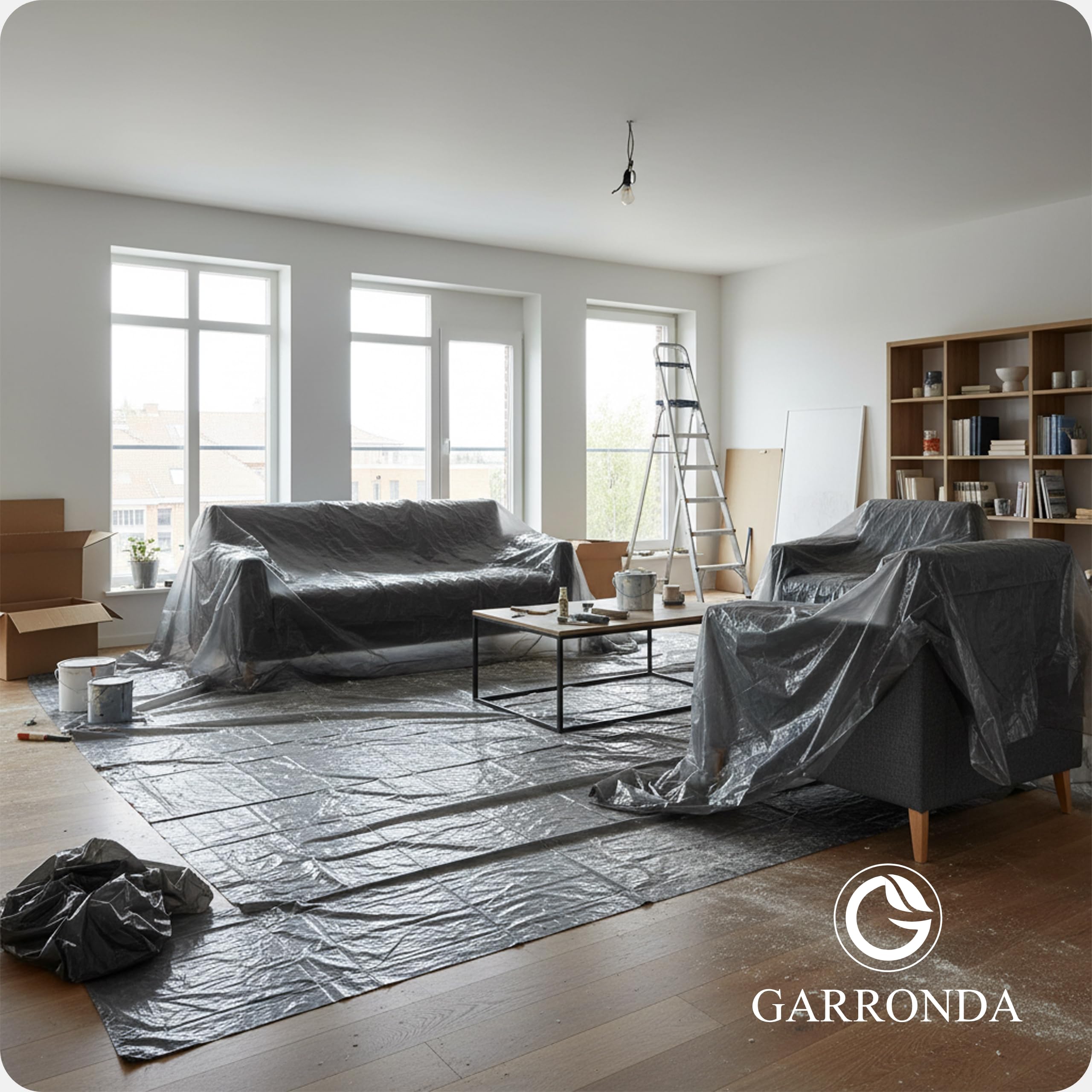 Garronda Lámina de Cobertura Film Protector 20 µ 4x5 m 10 uds GD-0222 | Plástico de protección LDPE gris, lona cubretodo resistente sin cinta adhesiva para muebles y suelo, pintura y reformas