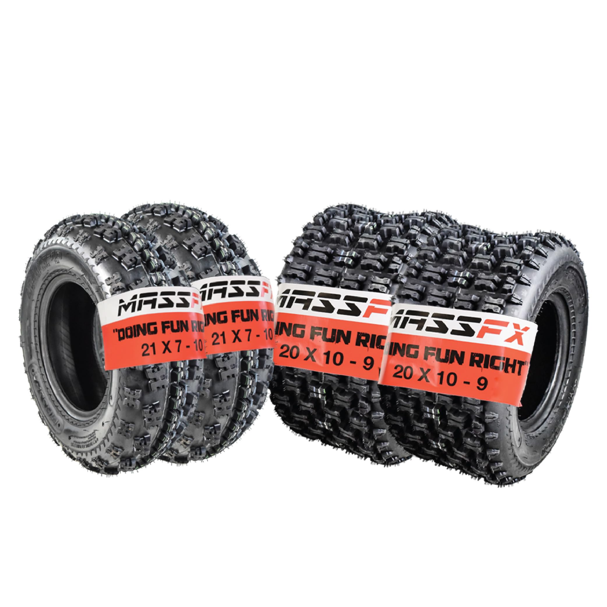 MASSFX 21x7-10 Front (2) & 20x10-9 Rear (2) Tire Set for Sport Quad All-Terrain (ATV), Utility-Task (UTV), and Side-by-Side (SxS) Vehicles - 4-Ply with 15mm Tread Depth 21x7x10; 20x10x9 (4-Pack)