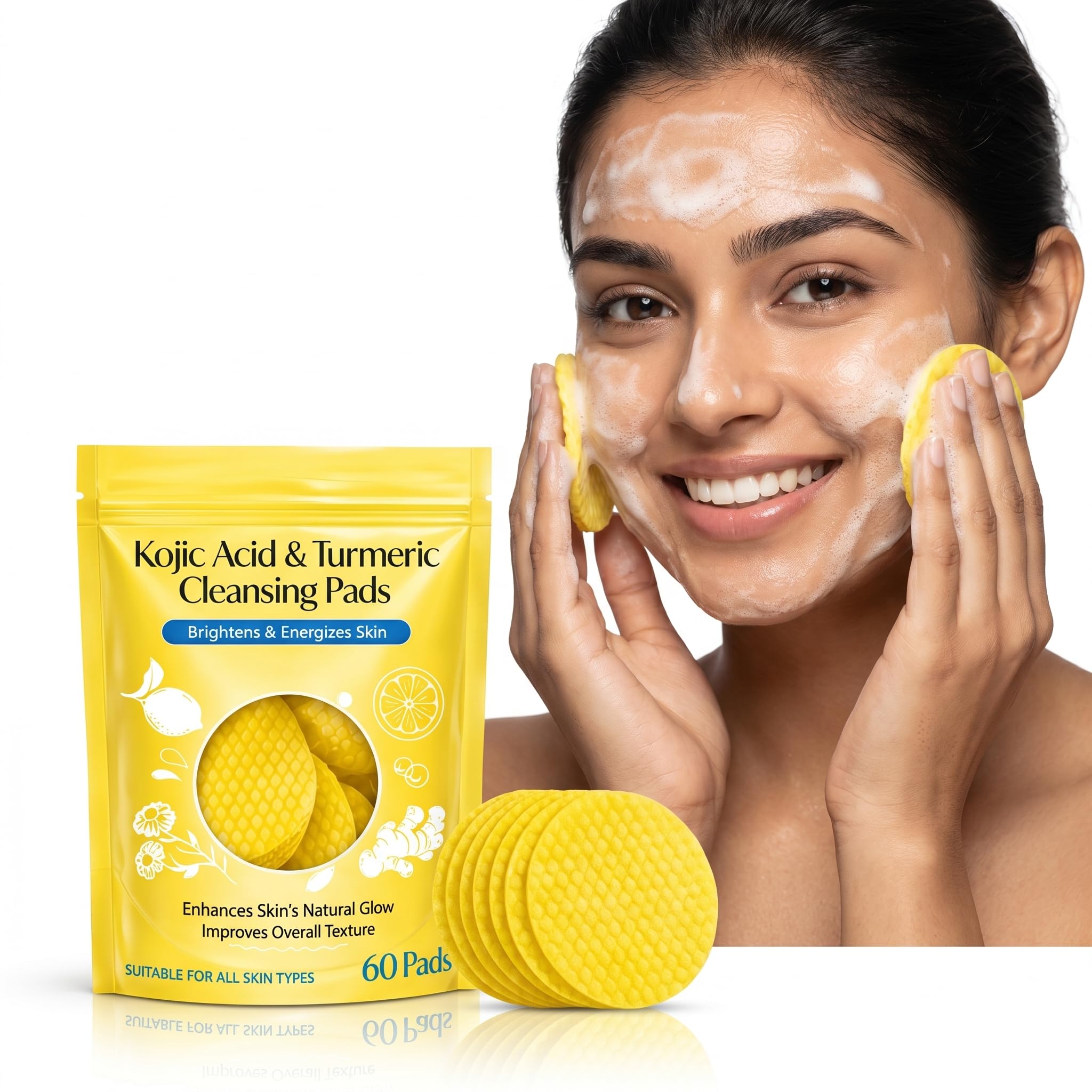 Turmeric & Kojic Acid Face Cleansing Foaming Pads (60 Pads), Dark Spot Removal, Skin Brightening & Acne Prevention, Vitamin C, Retinol & Chamomile for All Skin Types-image-33