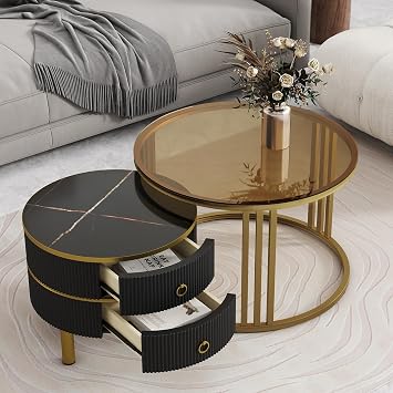 Lakifun Round Stackable Coffee Table with 2 Drawers, Nesting Tables with Brown Tempered Glass and High Gloss Marble Tabletop, Set of 2, Round Center Table for Living Room, Black