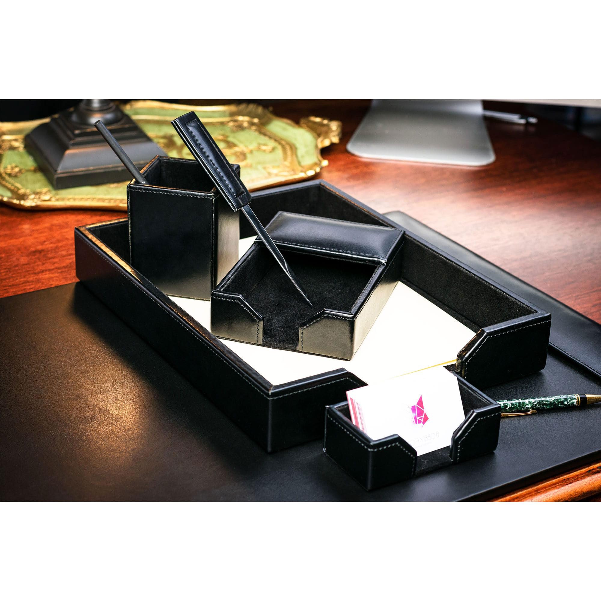 Dacasso Set di 6 accessori da scrivania in pelle rigenerata nera – Sottomano da scrivania & Organization Essentials