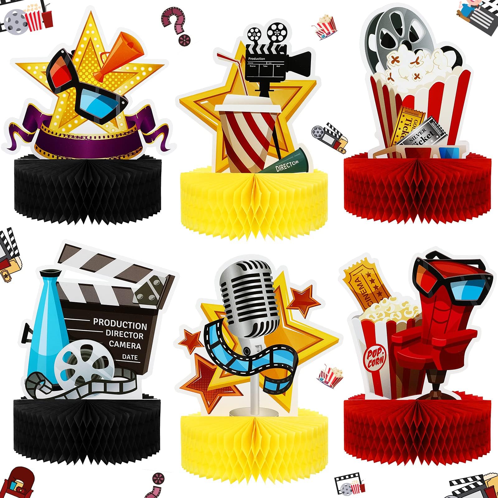 Sumind 6 Pcs Movie Night Decorations Party Honeycomb Centerpiece Film Theme Cakes Table Topper Large Word Paper Sign for 3D Table Decoration, 8.7 x 7.5 Inch