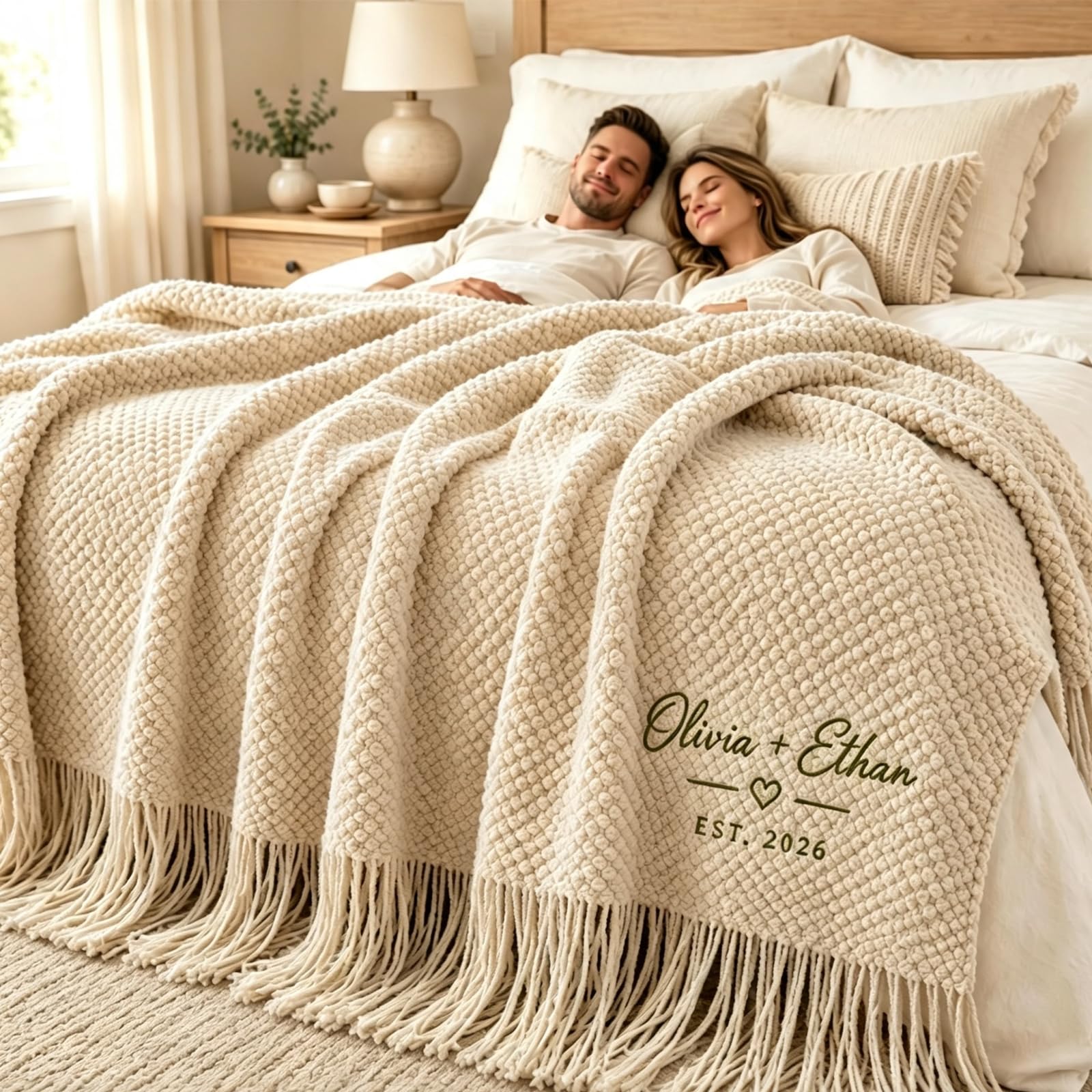 ELULAE Personalized Couples Blanket with Embroidered Name & Date, Wedding Gifts for Couples 2026, Cozy Fringe Blanket for Bed, Sofa, Home Decor, Cozy Gifts for Women, Anniversary, Birthday, Wedding